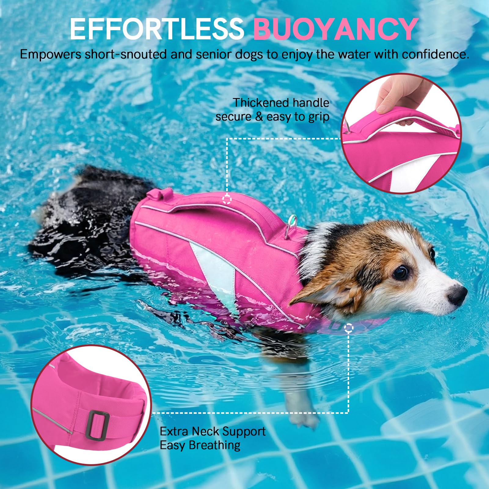 Gilet de Sauvetage Chien Réglable avec Poignée de Sauvetage Renforcée - Gilet de Sécurité à Haute Flottabilité et Bandes Réfléchissantes pour Natation, Bateau et Piscine(Rosa M)