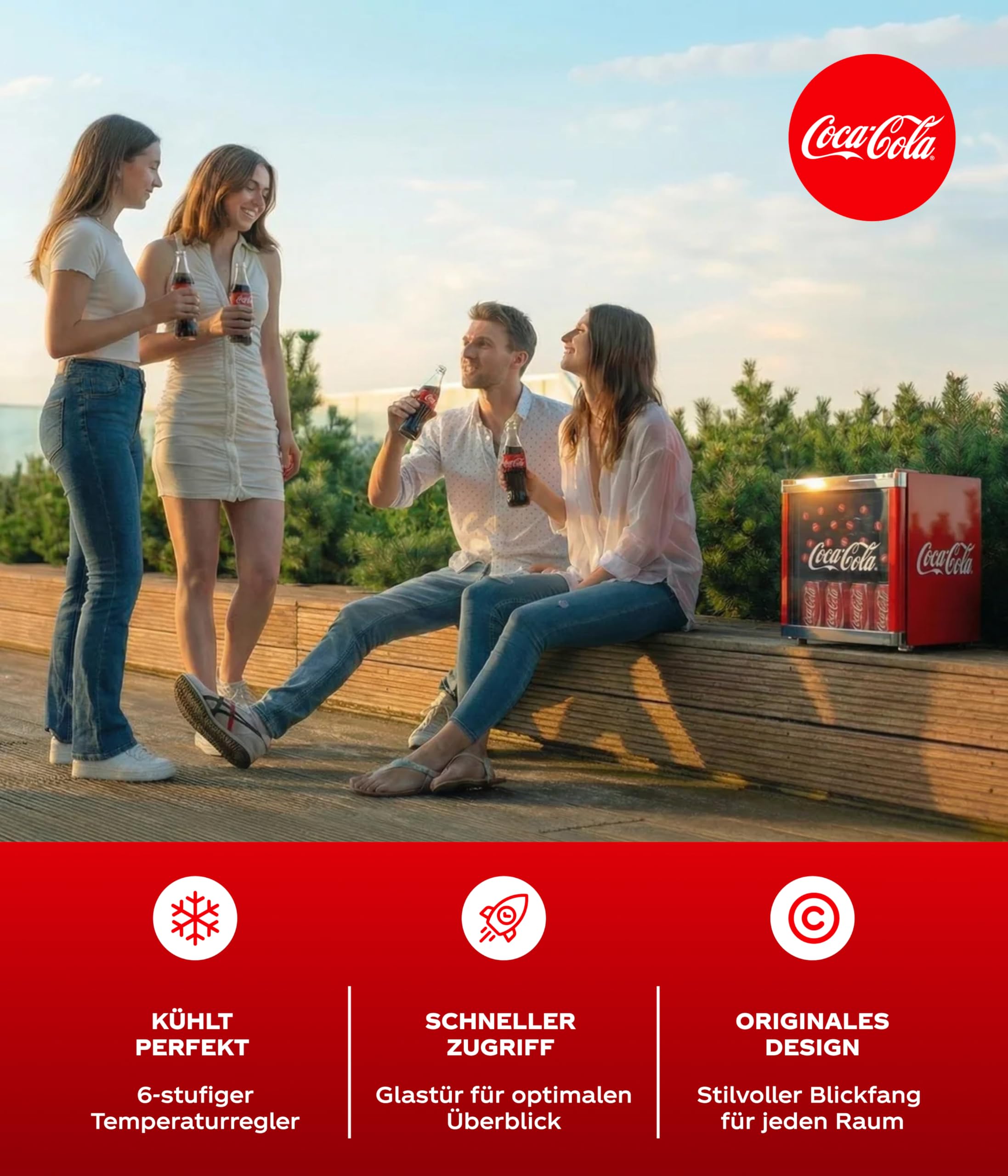 Coca-Cola Mini Kühlschrank Rot 48L Getränkekühlschrank mit Glastür leise energieeffizient