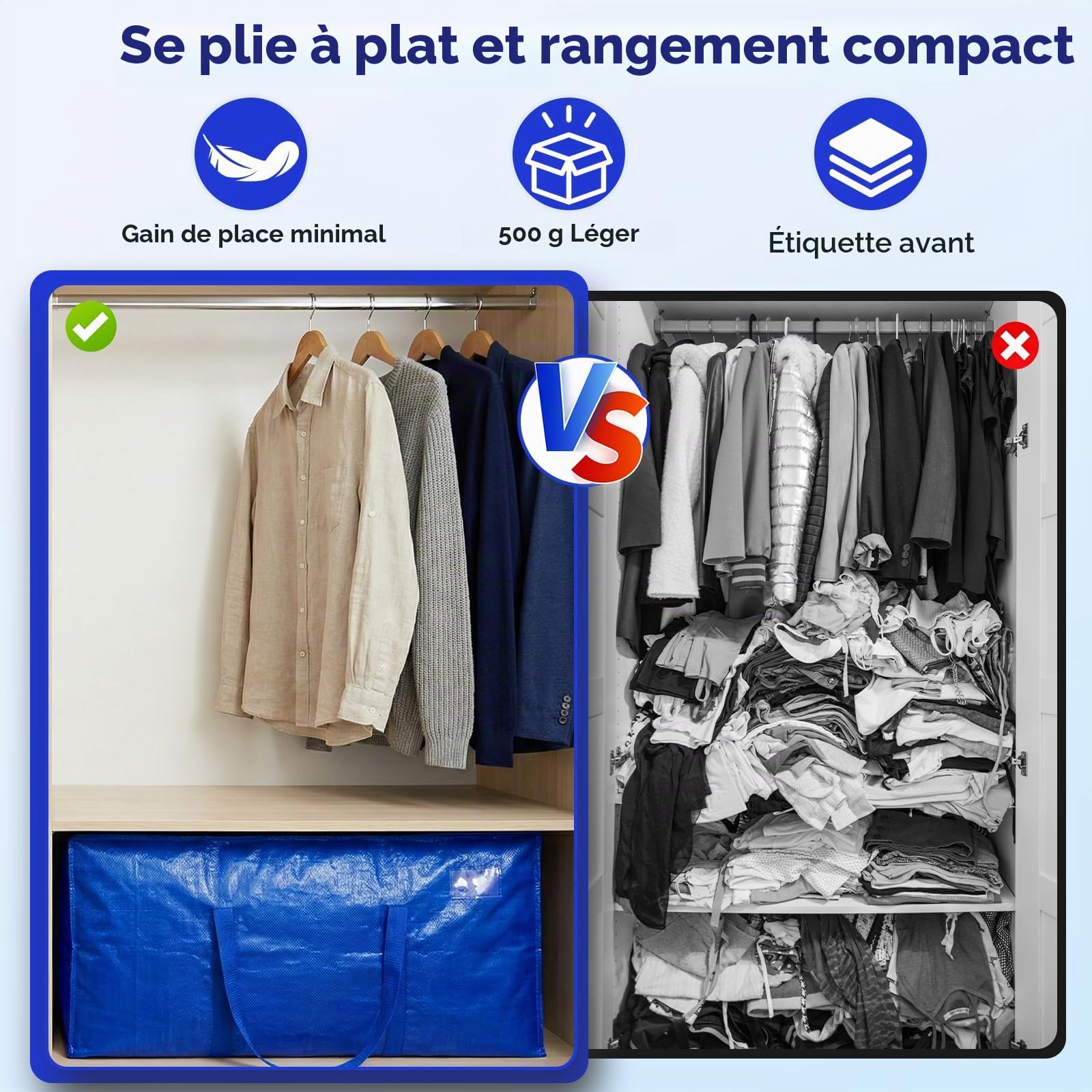 NOCOEX Très Grands Sacs de Déménagement - Lot de 2 Sacs Déménagement Imperméable 200L avec Fermetures éclair et Poignées Renforcées - Sac Rangement Pliable pour Dortoirs Vêtements Couette (Bleu)