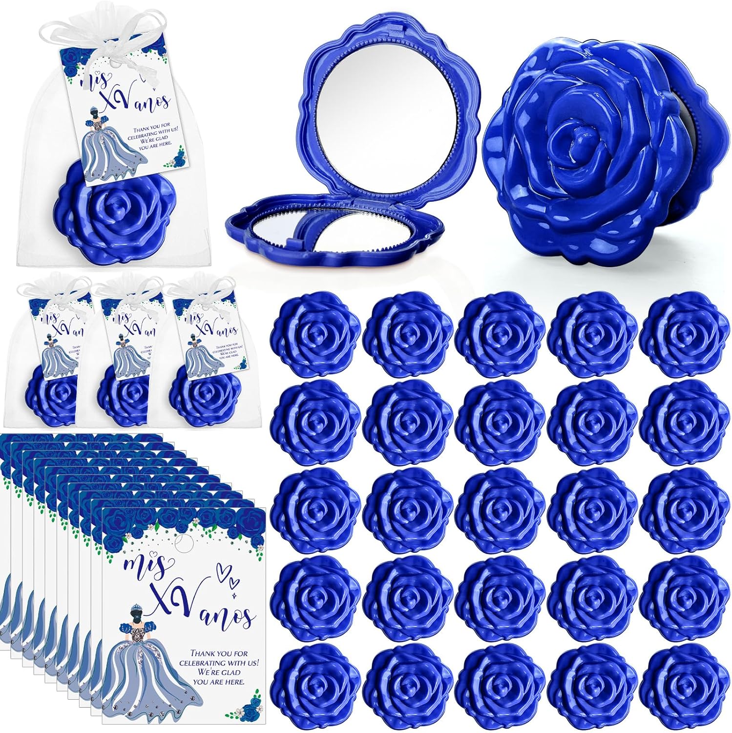 Wenqik 30 Sets Quinceanera Party Favors for Guests Rose Design Compact Pocket Mirrors Quinceanera Cards Thank You Gift and Organza Bags Sweet 15 Mis Quince Birthday Party Favor (Blue)