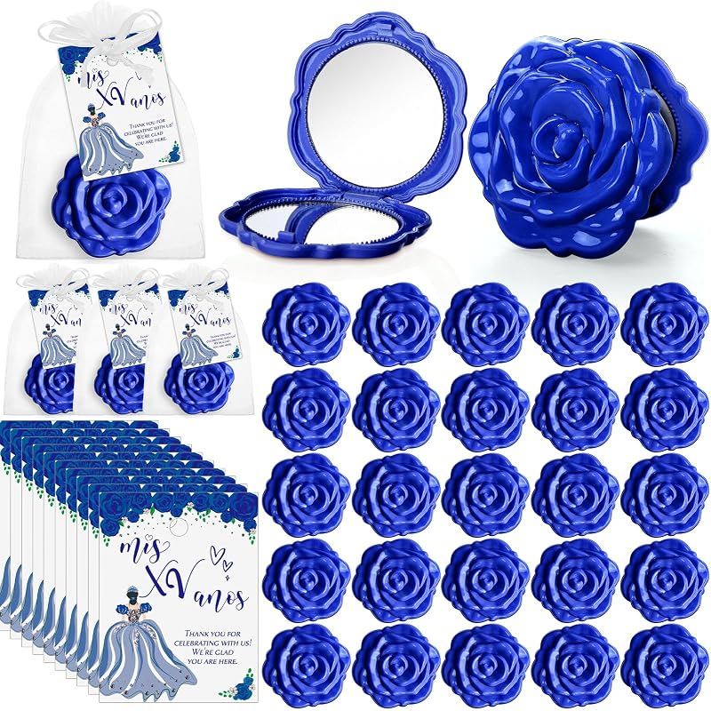 Conjunto com 30 espelhos compactos dobráveis em formato de rosa Wenqik, azuis, com cartões e sacos de organza