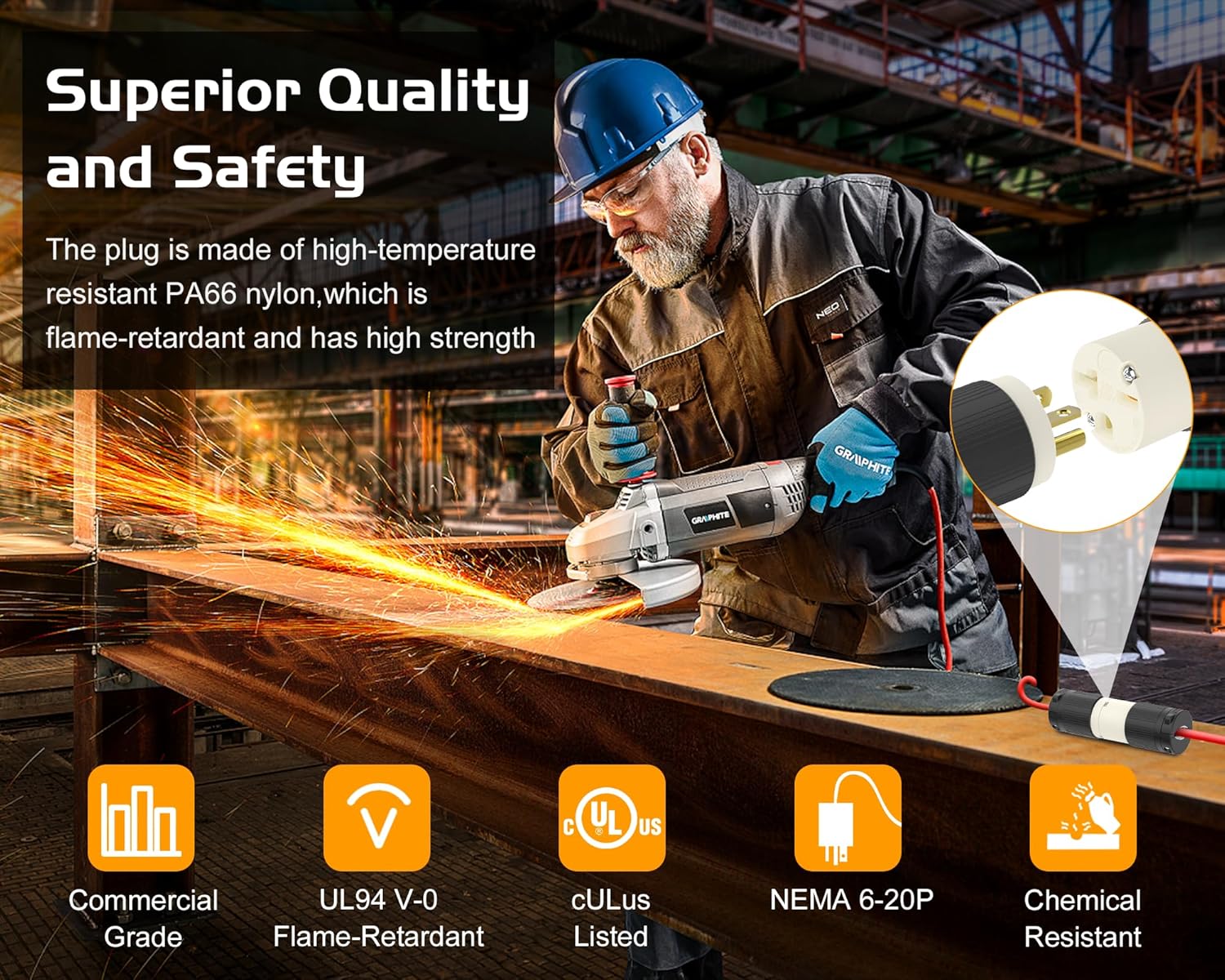 NEMA 6-20 Extension Cord Repair Ends Male & Female Drop Cord Replacement Plugs & Receptacles 20 Amp 220 240 250 Volt 2 Pole 3 Wire Grounding Commercial Grade UL Listed