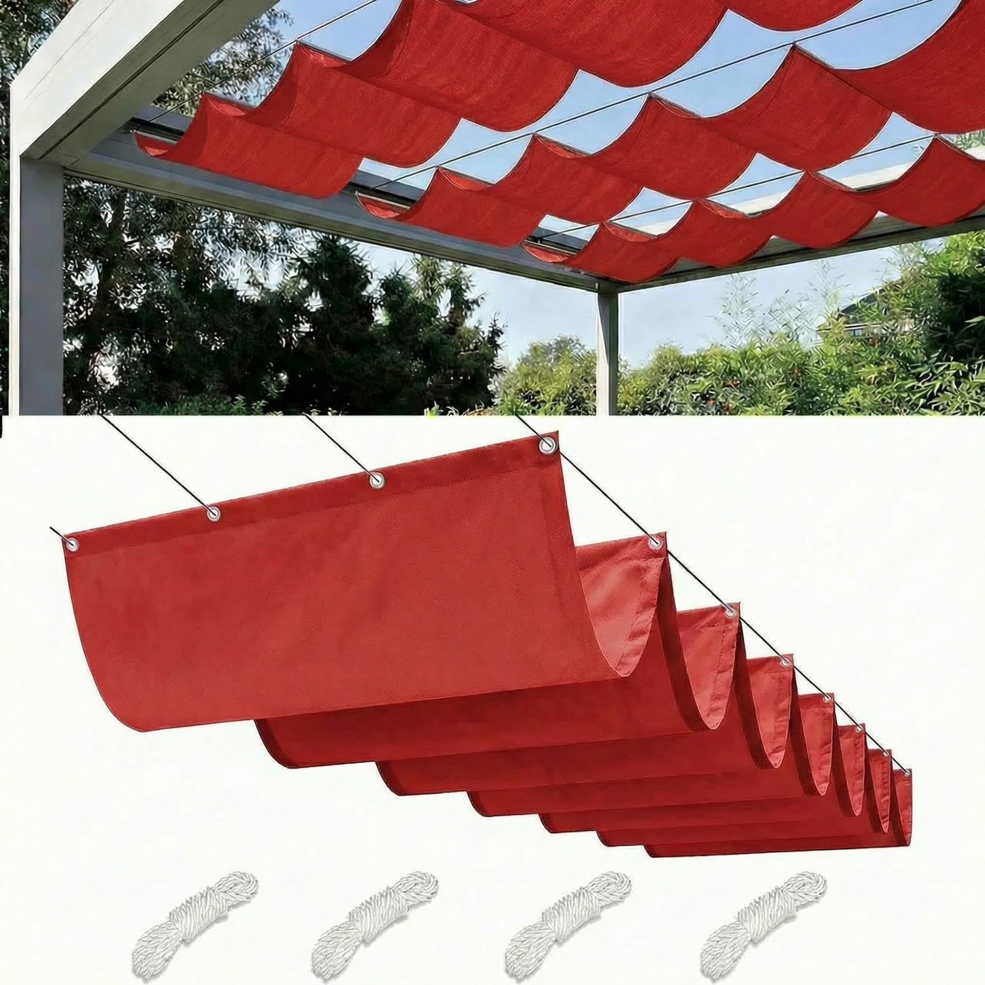 Retractable Wave Sun Shade Sail Waterproof Pergola Cover 95% UV Protection Outdoor Awning Canopy with Ropes for Patio Garden Deck Porch BBQ Shelter Privacy Screen Summer(Bright Red,3x5M(L x W)) — image 1