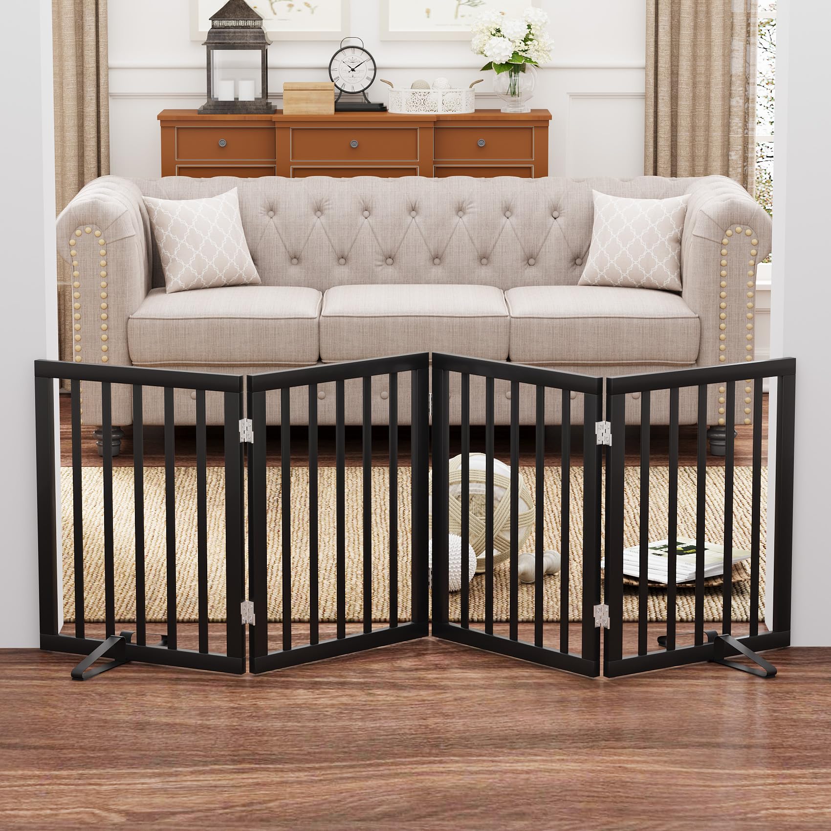 Mino Kesper Wooden Dog Gate Indoor Freestanding Dog Gates for Stair Doorways House Indoor Foldable Pet Gate with 2 Support Feet,(4 Panels, Black)