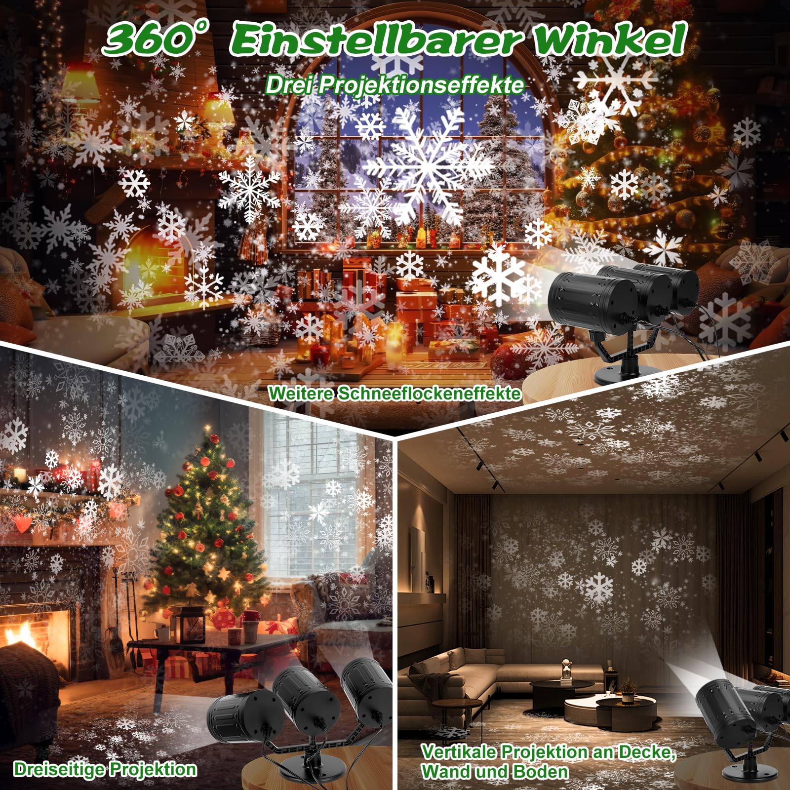 Charmofun Projektor Weihnachts Aussen, 3-Kopf Dynamische LED Schneeflocke Projektor 360°Rotierende mit Timer, Wasserdicht, Weihnachtsbeleuchtung außen für Garten Fenster Wand Party Weihnachtsdeko