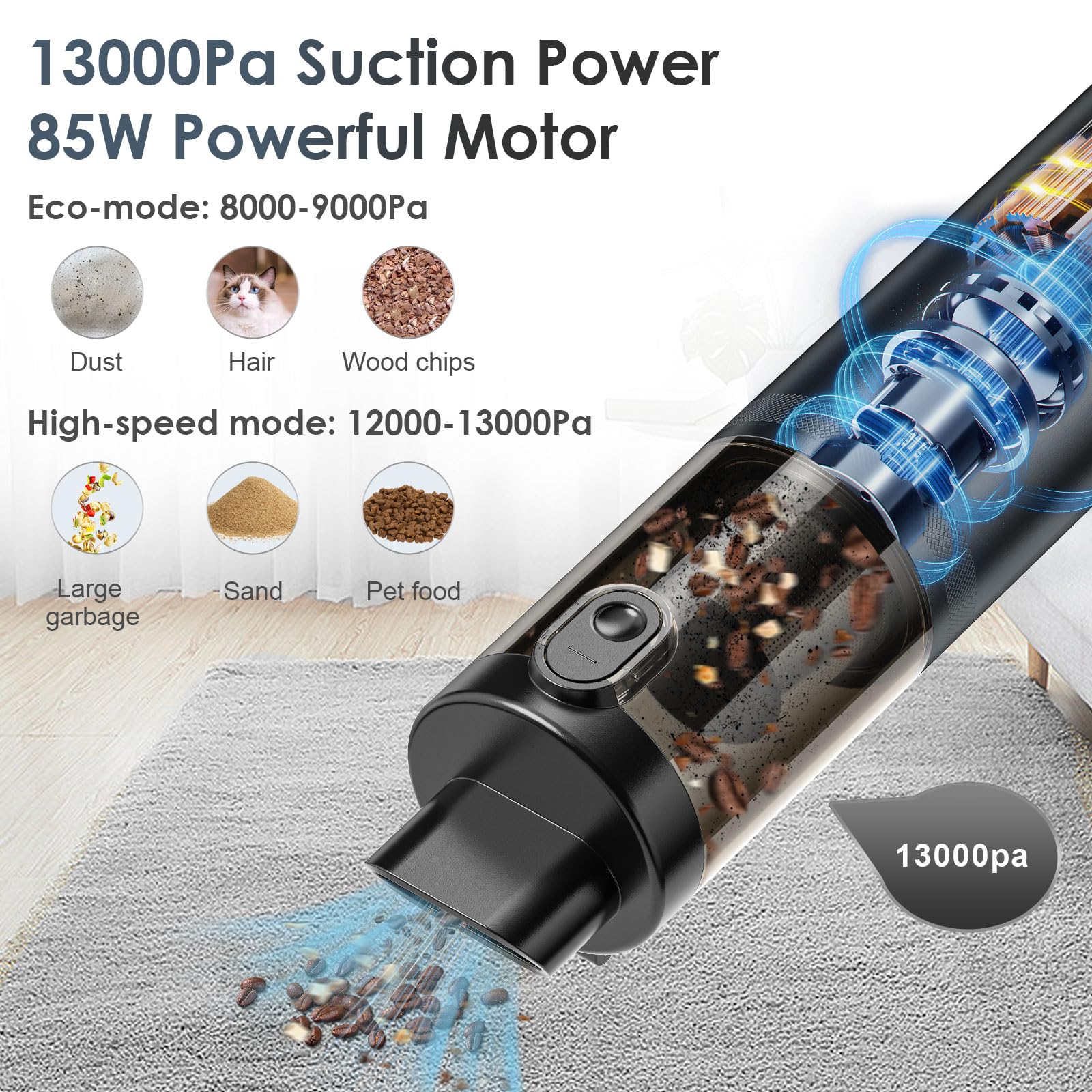 Vitbel Aspirateur Sans Fil 6000pa,Mini Aspirateur Voiture Portable Avec Filtre Lavable,Aspirateur et Souffleur 3 en 1 pour Voiture Maison Bureau Animaux, AS-228