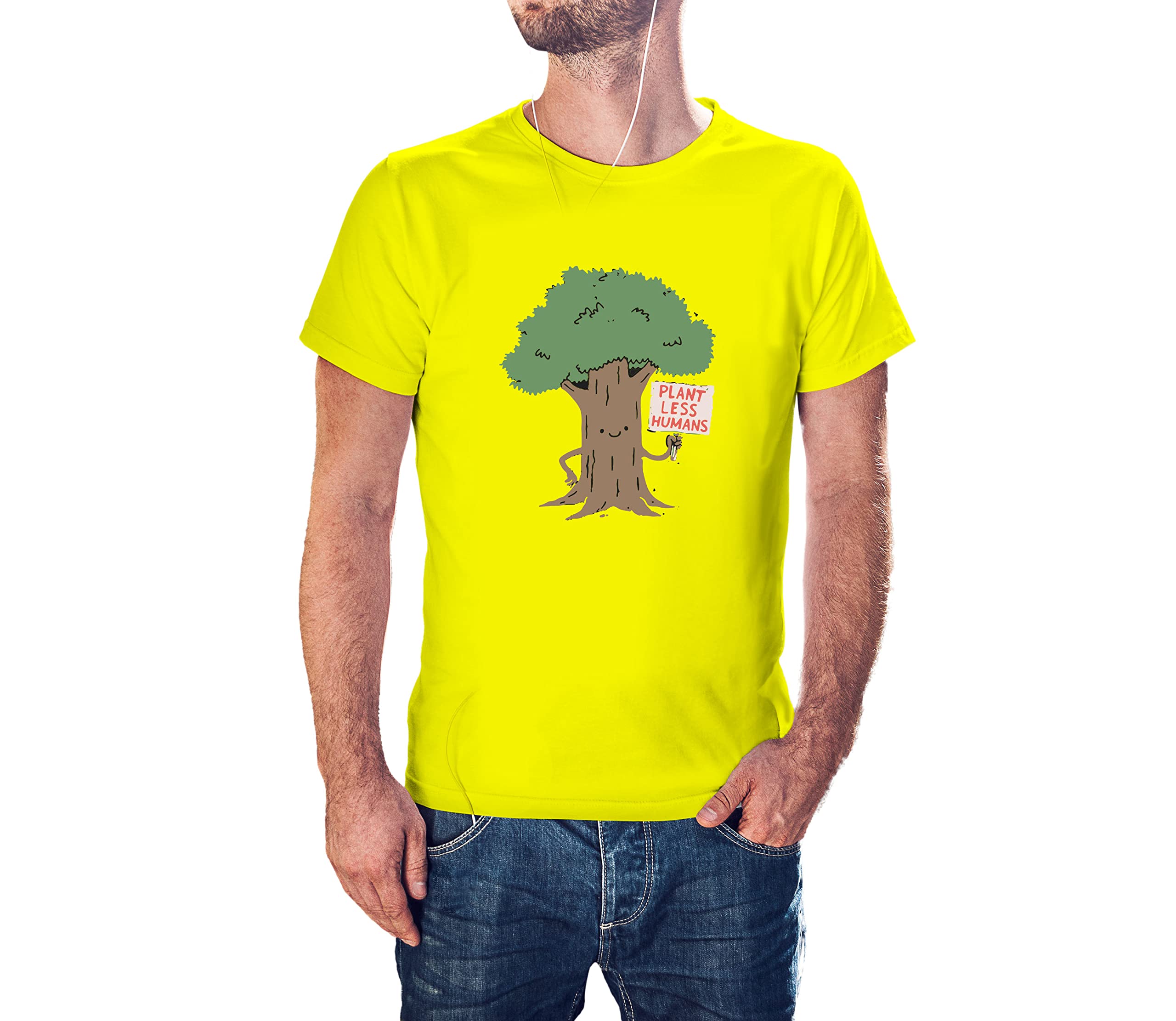 Vegon Kart Plant Less HUMANN Tree 100% Cotton Round Neck Graphic Printed T Shirt for Men Women, Quote Tshirts, Graphic tees Yellow