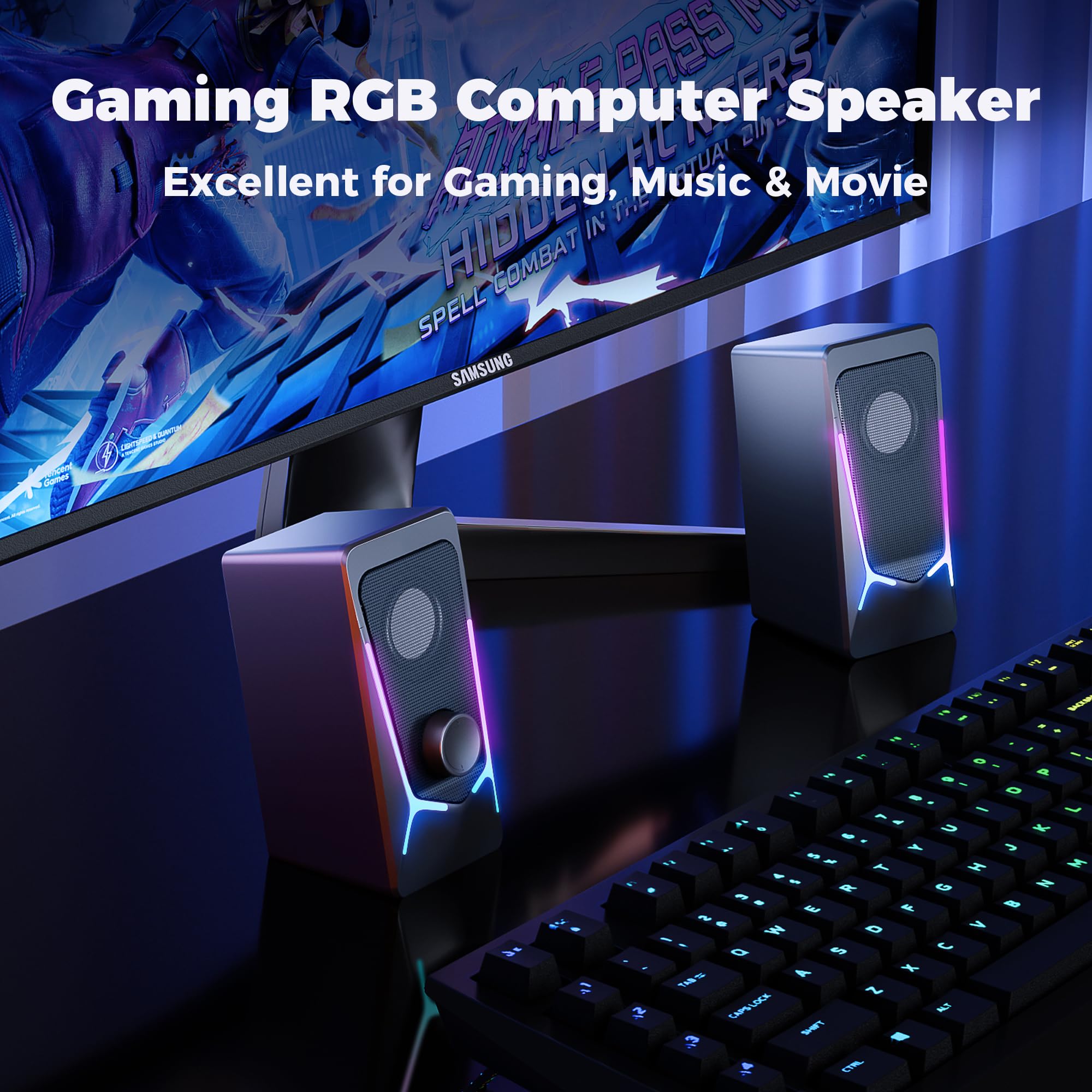Altavoces de computadora, altavoces de PC para juegos con control mejorado de graves y volumen, estéreo 2.0 alimentado por USB de 0.138 in Aux multimedia altavoces para 8