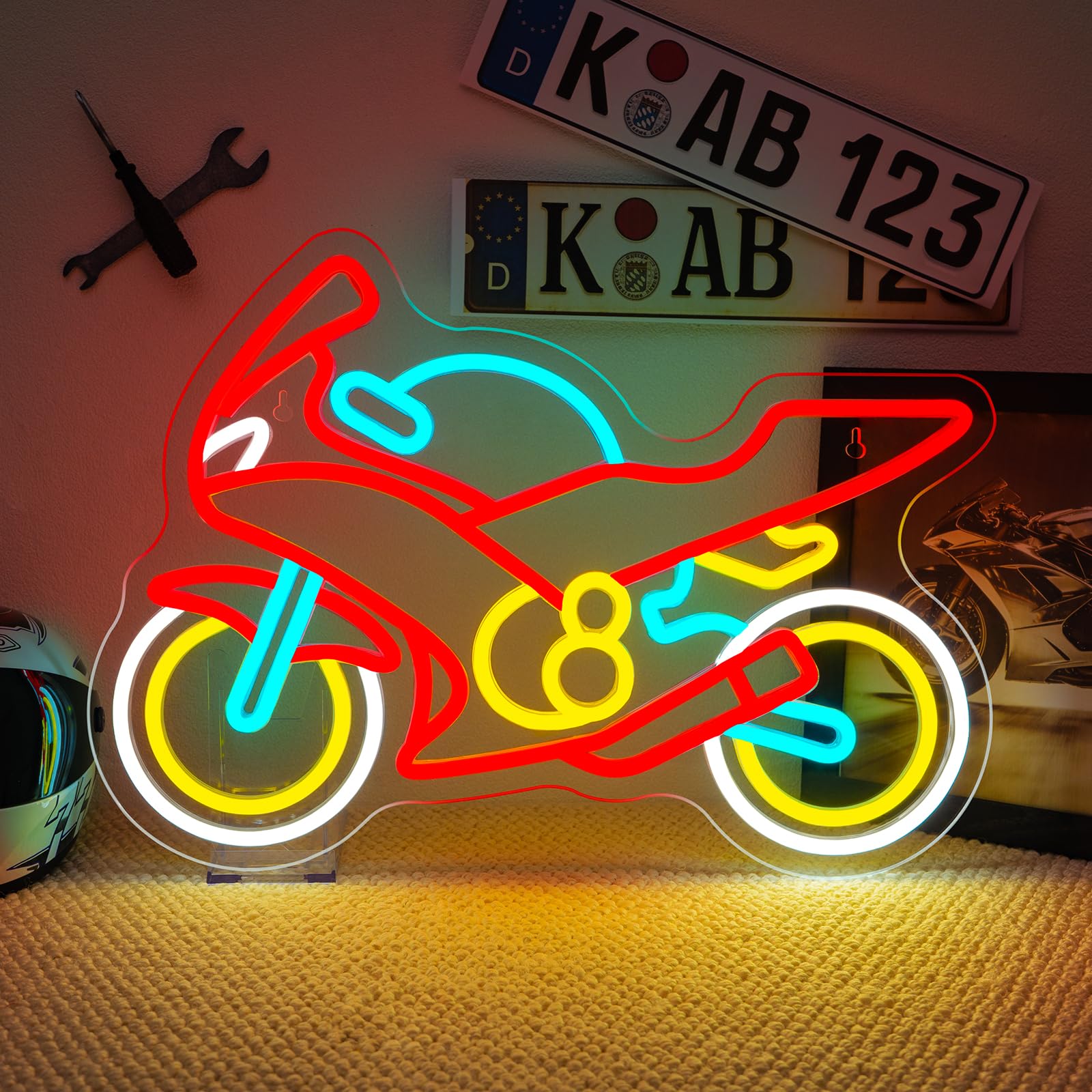 Colorful Motorcycle Neon Sign LED Dirt Bike Light Up Garage Decor Vintage Racing Man Cave Wall Art Sport Motocross Fathers Day Neon Signs for College Room Night Lights Teens Bedroom Decorations