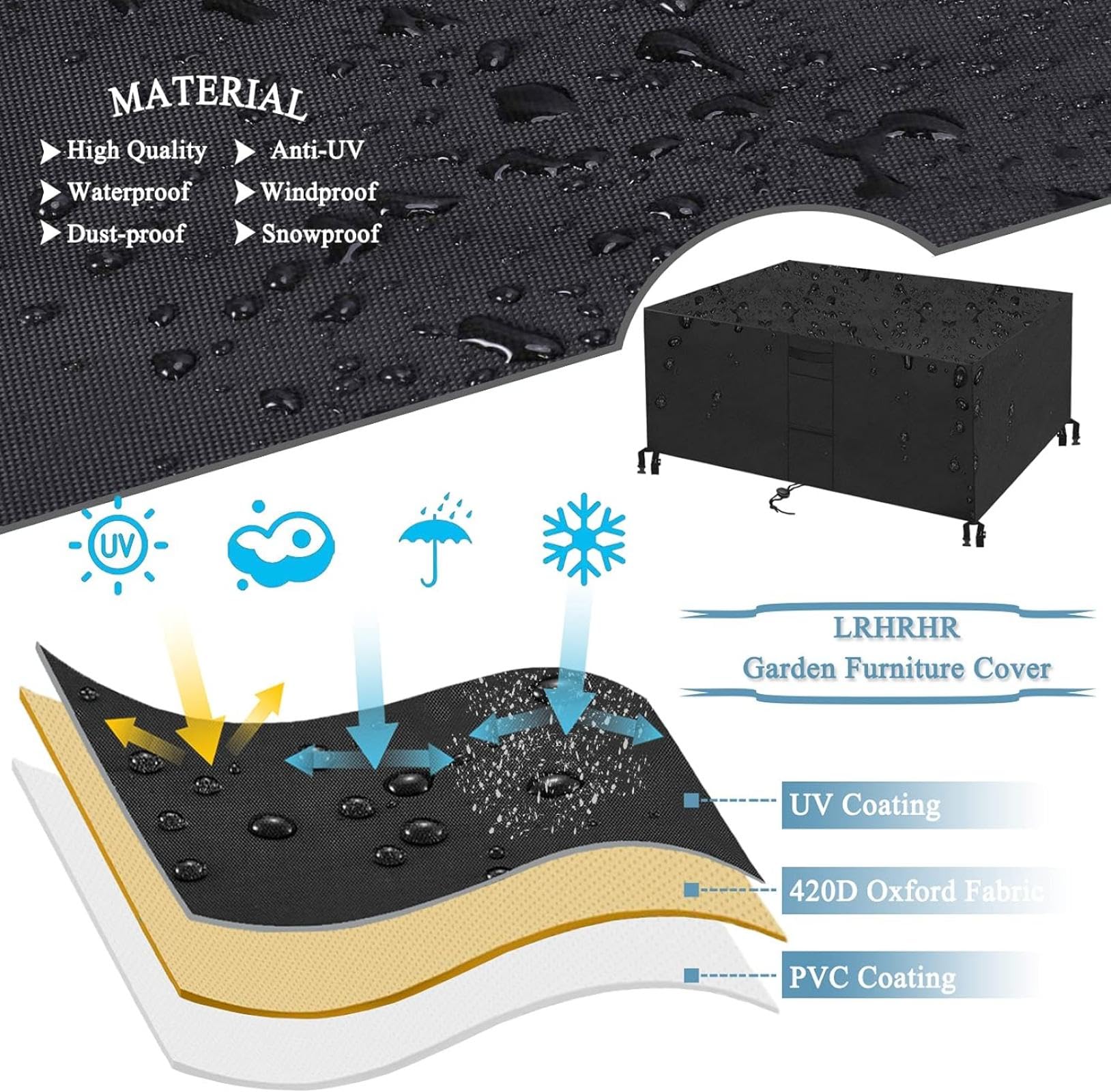 Wasserdichte Abdeckung für Gartenbank, 4-Sitzer, 360 x 270 x 75 cm, winddicht, UV-beständig, Schutz für Tisch und Sofa, mit sicherem Kordelzug und Schnallen