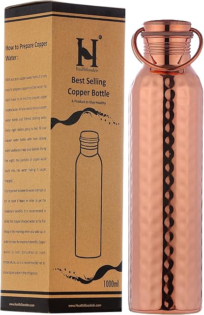 HealthGoodsIn - Bouteille d'eau marbrée en cuivre pur avec poignée de transport 1000 ML | Bouteille d'eau étanche sans soudure pour les avantages ayurvédiques