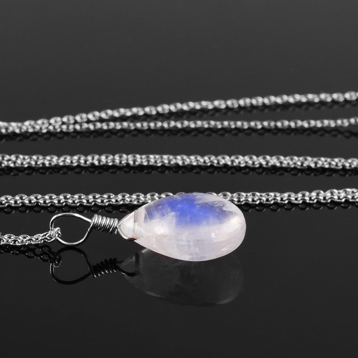 Natural Rainbow Moonstone Pear Pendant Necklace Rhodium Plated 925 Sterling Silver, Gemstone Necklace, Artisan Pendant, Silver Jewelry, Silver Wire, Dainty Pendant, Gift Her - Image 7
