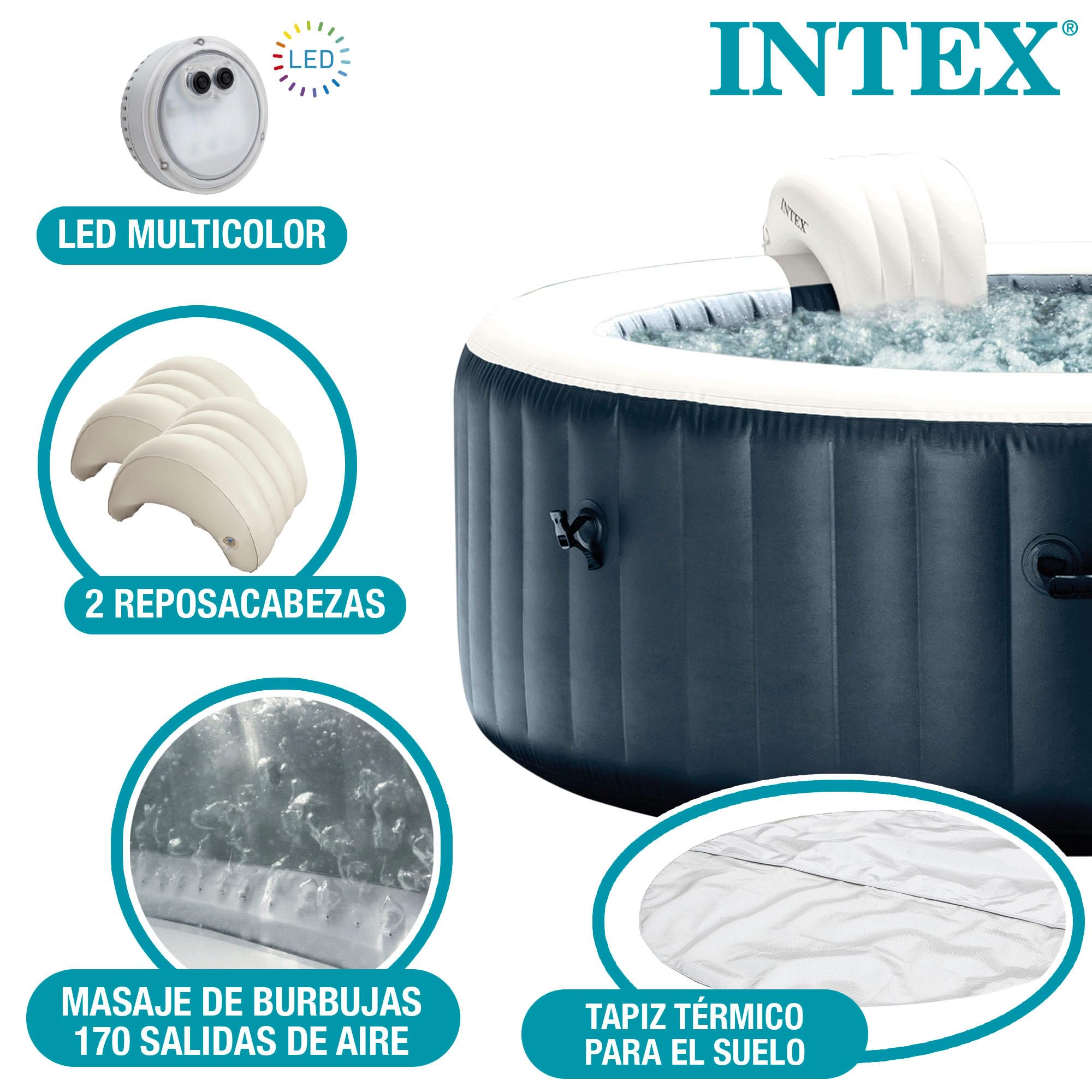 Intex SPA Hinchable Circular, 6 Personas, Ø216x71, Calentador hasta 40ºC, 170 Salidas de Burbujas, Suelo térmico, Depuradora Filtro S1, Accesorios incluidos (55089)