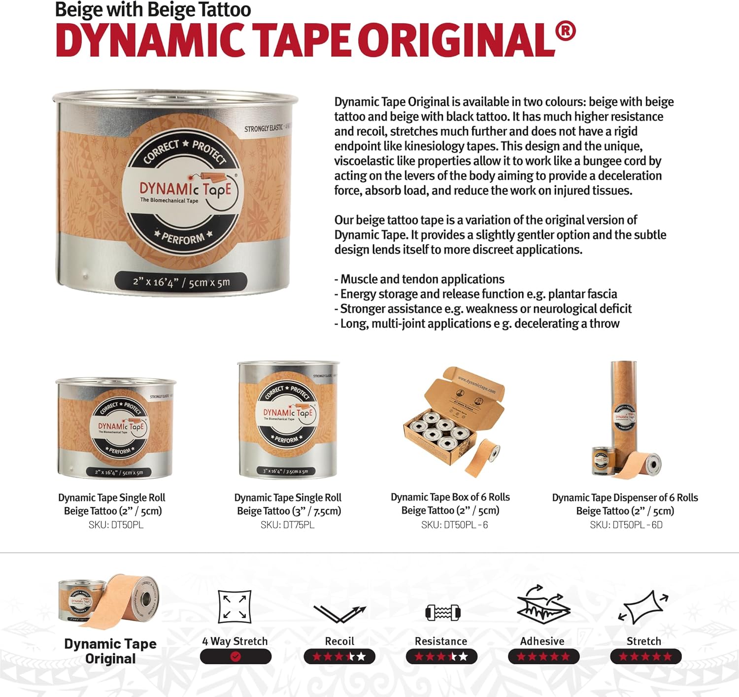 Dynamic Tape Original - Biomechanical Athletic Tape | 4 Way Stretch & Stronger Recoil than Kinesiology Tape | Designed for Muscle & Joint Load Management | Perfect for High-Load Sports (3" Beige Roll)
