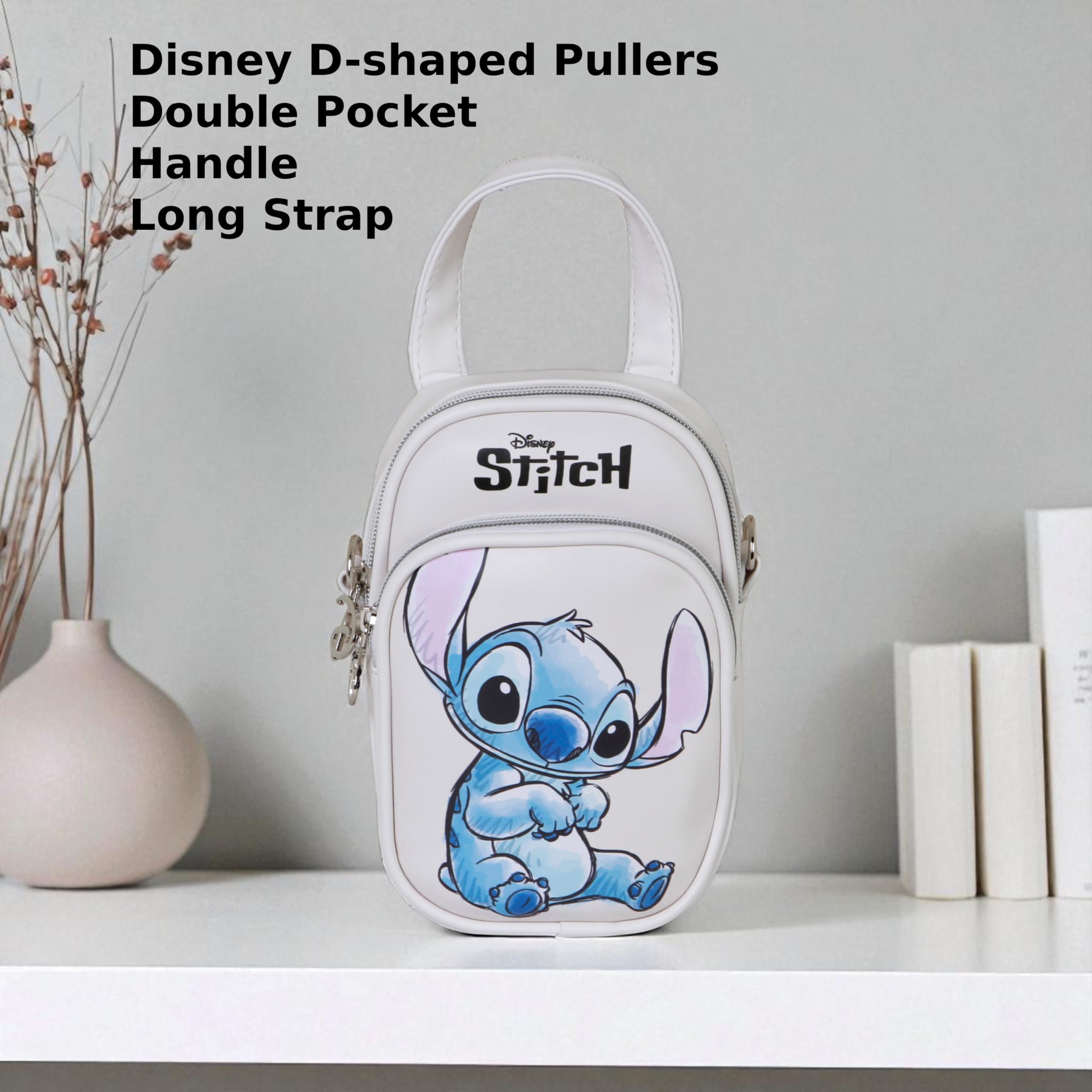Disney Stitch mini torba na ramię z podwójną kieszenią - mała torebka damska 20 x 15 x 7 cm - kompaktowa beżowa konstrukcja z regulowanym paskiem i zamkami błyskawicznymi
