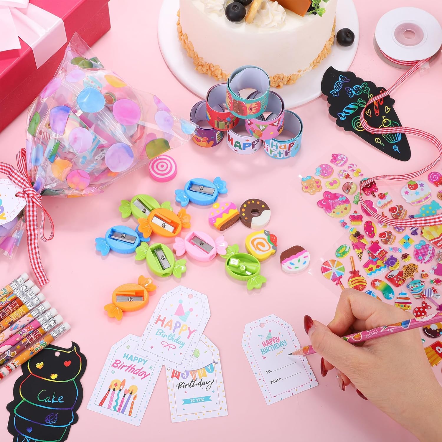 Aneco 24 Birthday Party Favors Stationery Gifts Set, Giant Lollipop Party Favors with Scratch Art Kits Cards Pencils Stickers Erasers Slap Bracelets Sharpeners for Birthday Party Favors Bags