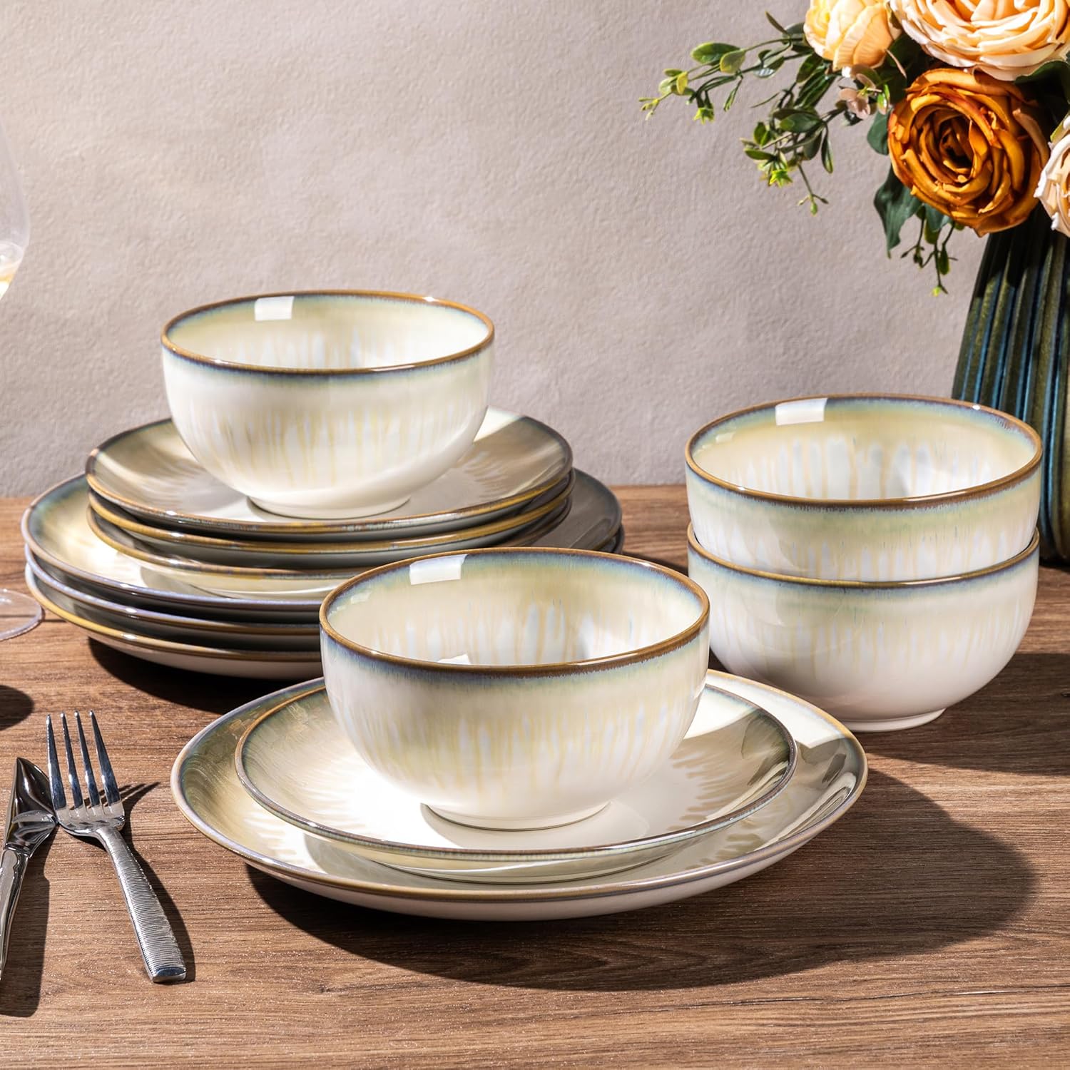 LERATIO Ceramic Dinnerware Sets for 4,Porcelain Plates and Bowls Sets,Handmade Reactive Glaze Dishes Set,Chip Resistant and Scratch Resistant | Oven&Dishwasher & Microwave Safe,Service for 4 - Image 4