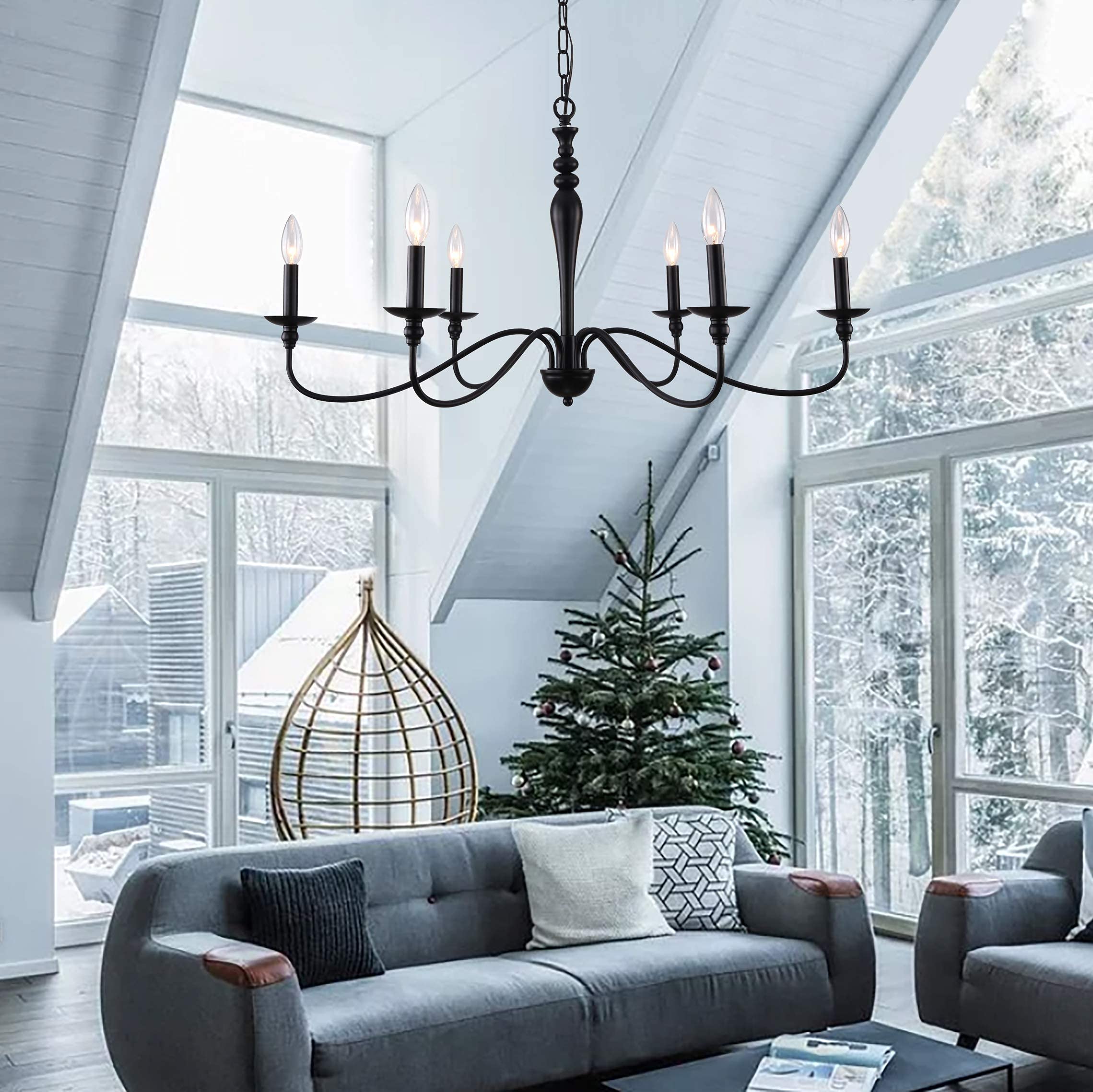 PAPAYA Farmhouse Chandelier 6-Light Black Industrial Classic Candle Ceiling Rustic Pendant Lights Fixture for Dining Living Room Bedroom Kitchen Island Hanging Lighting