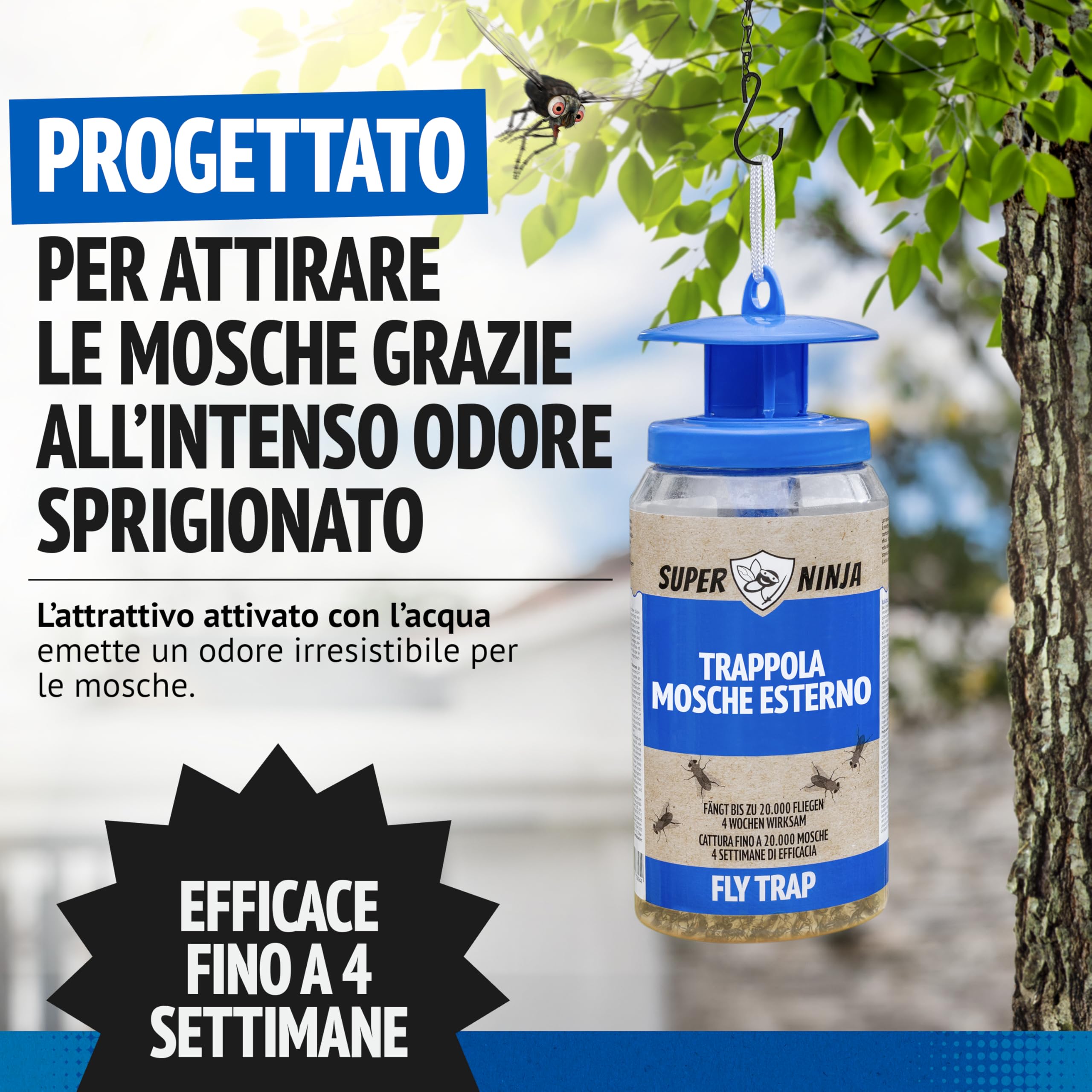 Super Ninja Trappola per Mosche Riutilizzabile Atossico Cattura 20.000 Mosche Durata 4 Settimane