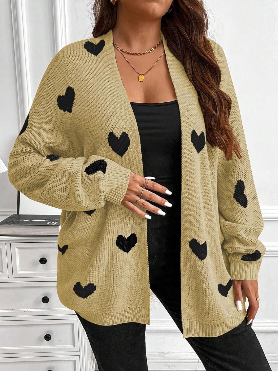 Women's Heart Pattern Open Front Cardigan, Knit Sweater with Hearts, Long Sleeve Casual Style - Image 4