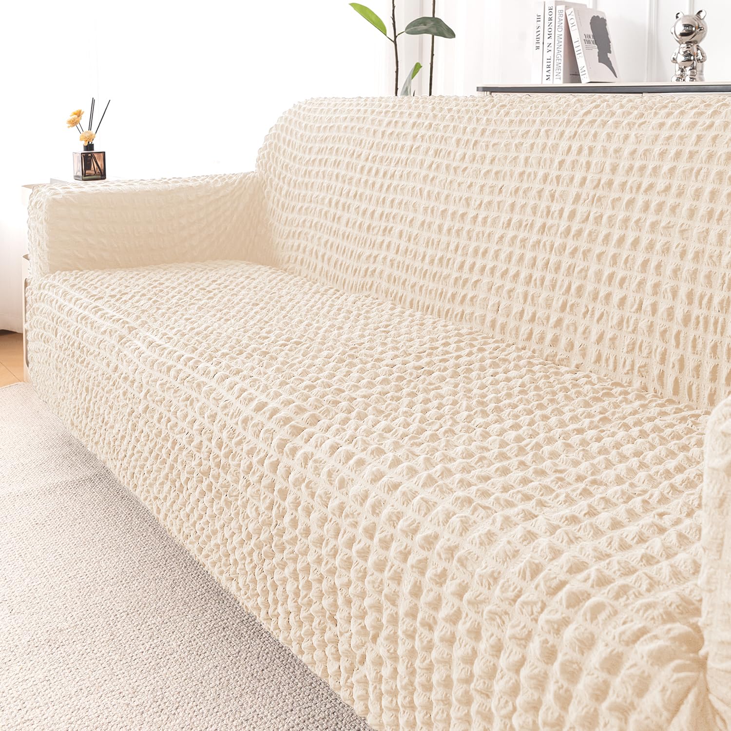 HOKIPO 'Aria Nova' Elastic 280 GSM Stretchable 3 Seater Bubble Sofa Cover, Light Cream (AR-6210-CRM)-image-39