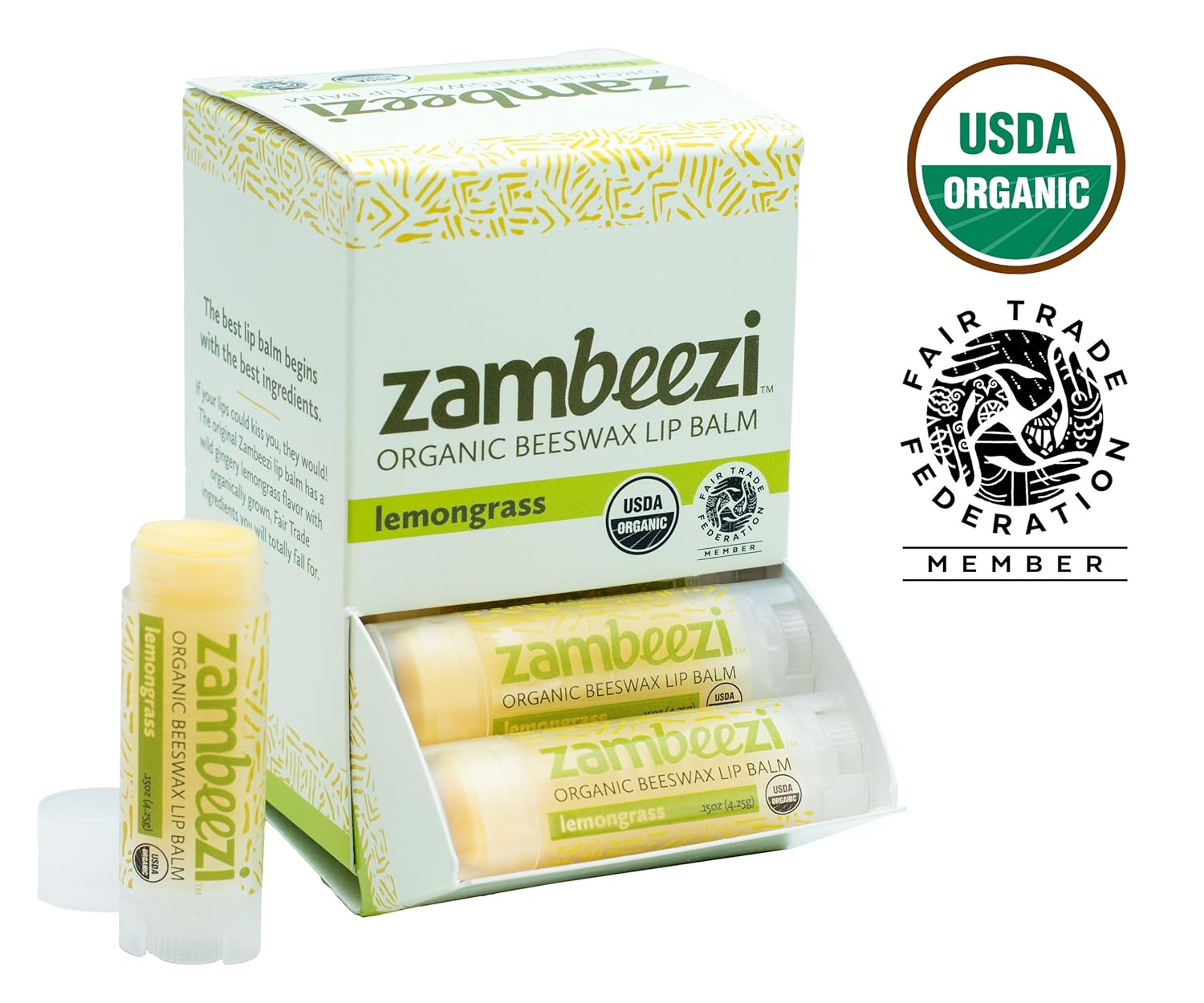Case of Beeswax Lip Balm by ZAMBEEZI - Lemongrass 24-Tube Carton - Crafted with USDA Organic, Fair Trade, Lip Refreshing Ingredients from Zambia, Africa