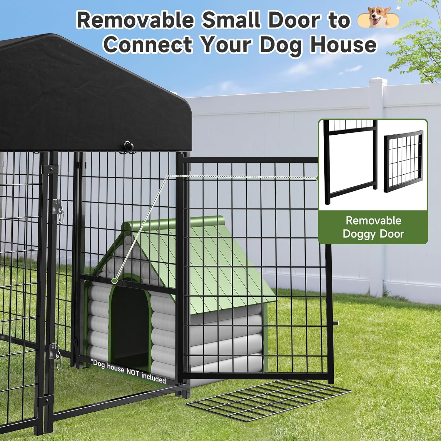 Dog Kennel Outdoor, Outside Dog Kennel with Roof & Removable Doggy Door Allow Connecting Your Dog House, Square Pet Enclosure Dog Run Yard for Medium/Small Dogs(4'L x 4'W x 4.6'H)