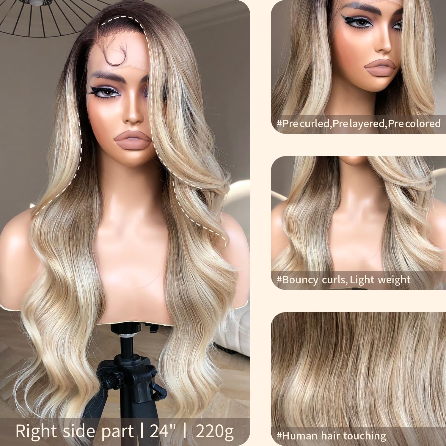 BrownBomb Body Wave Lace Front Wig, Synthetic Lace Front Wig Pre Plucked Glueless Wigs 13X5X1 HD Lace Front Wigs for Women 24inch Side Part Wig (Rooted OmbreBlond, 24)