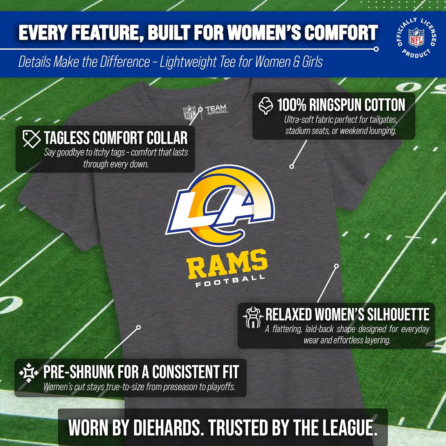 Team Fan Apparel Women's NFL Ultimate Fan Logo Short Sleeve T-Shirt - 100% Cotton - Officially Licensed - Tagless Tee (Los Angeles Rams - Charcoal, Small) - Image 3