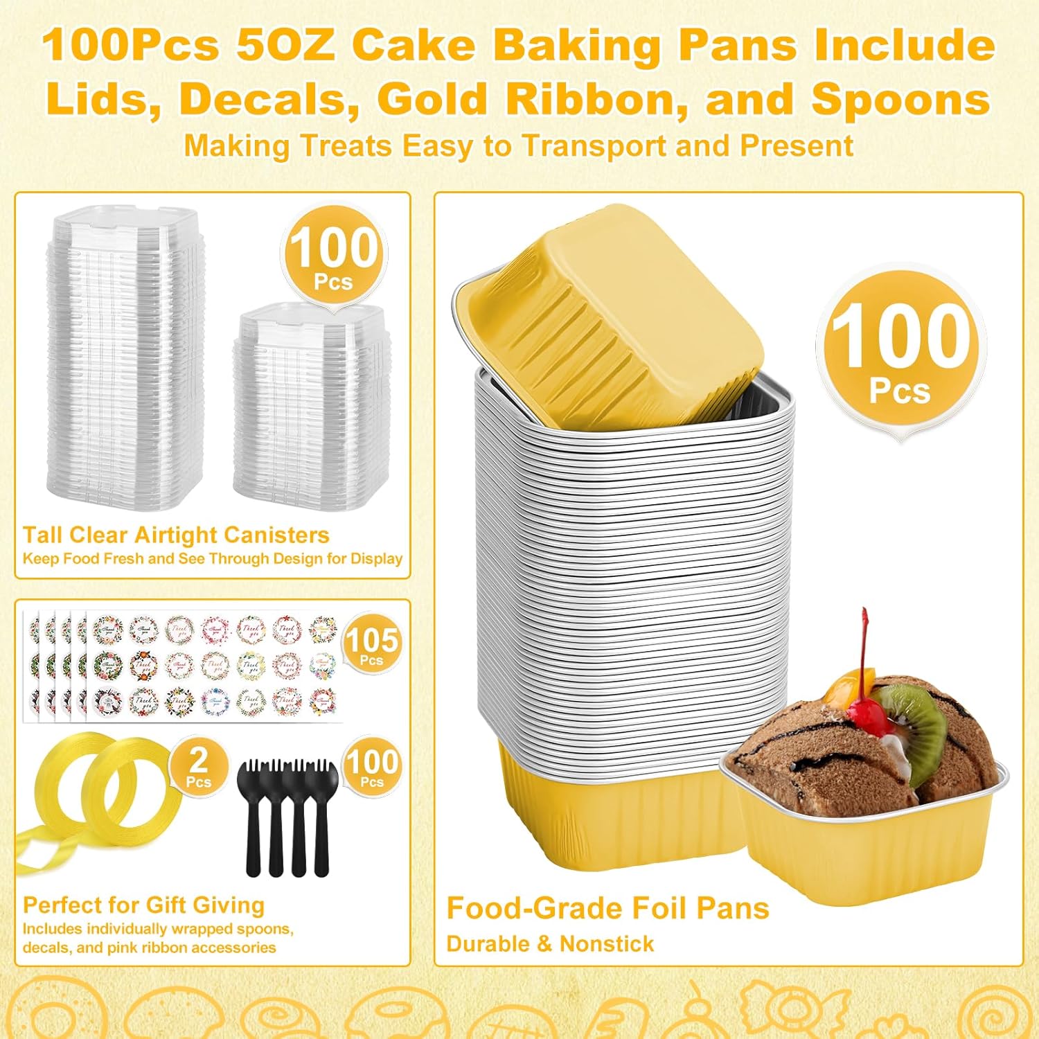100 Pack Mini Cake Pans with Lids and Spoons, 5oz Square Aluminum Foil Loaf Pans Gold Small Cake Tins Disposable Baking Pans Dessert Cupcake Cups with Ribbon Decals for Wedding Birthday Party Picnics - Image 2