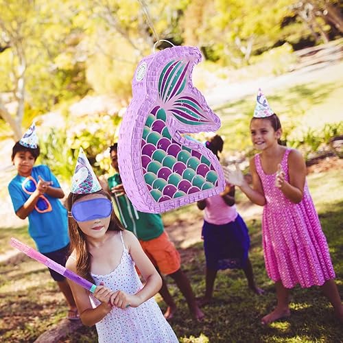 Miniatura 27 de WERNNSAI - Piñata de sirena plegable, piñata de cumpleaños con flecos que incluye cuerda para jalar, venda y bate. Decoraciones