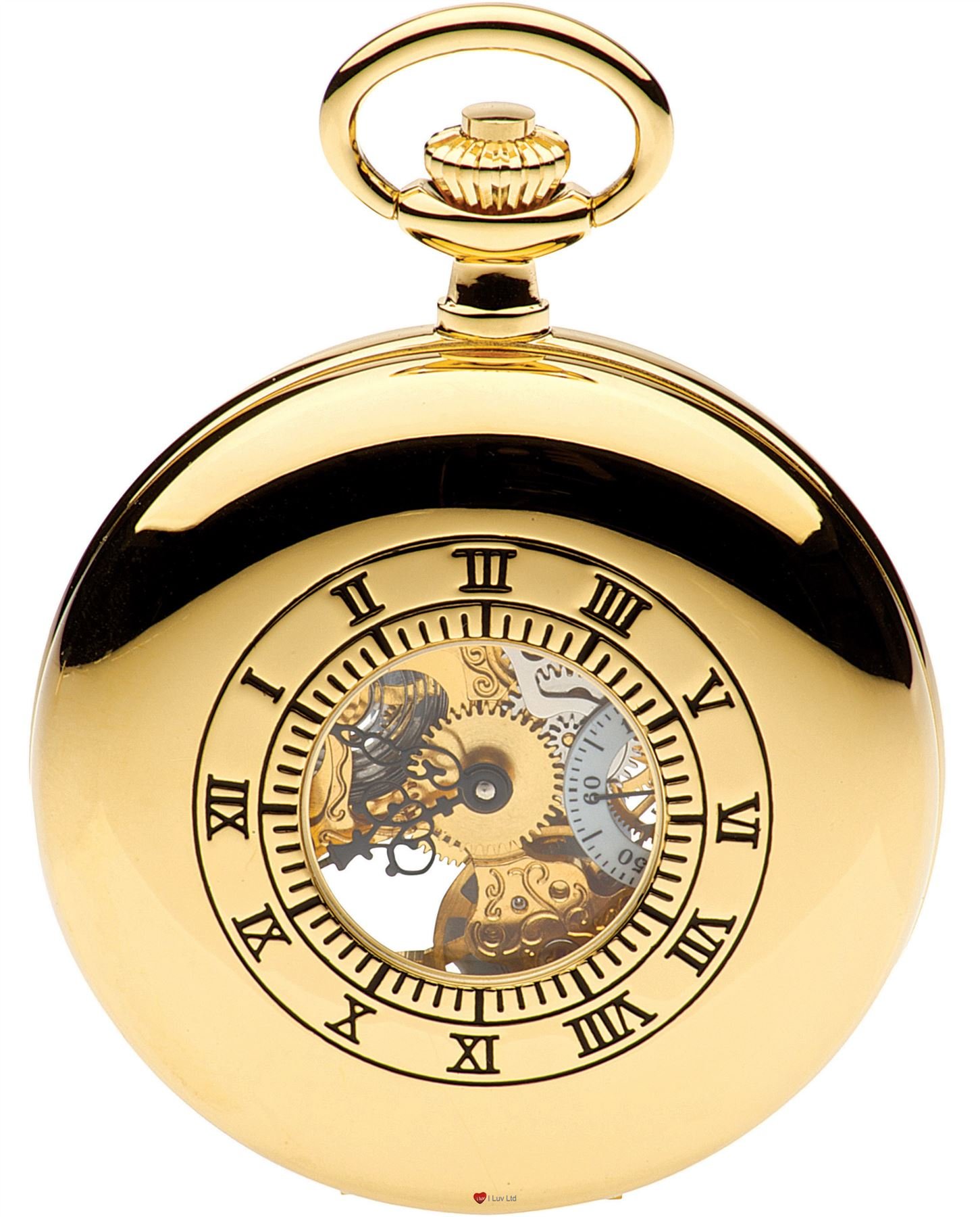 I LUV LTD Half Hunter Skeleton Pocket Watch 17 Jewelled Mechanical Gold Plated Case