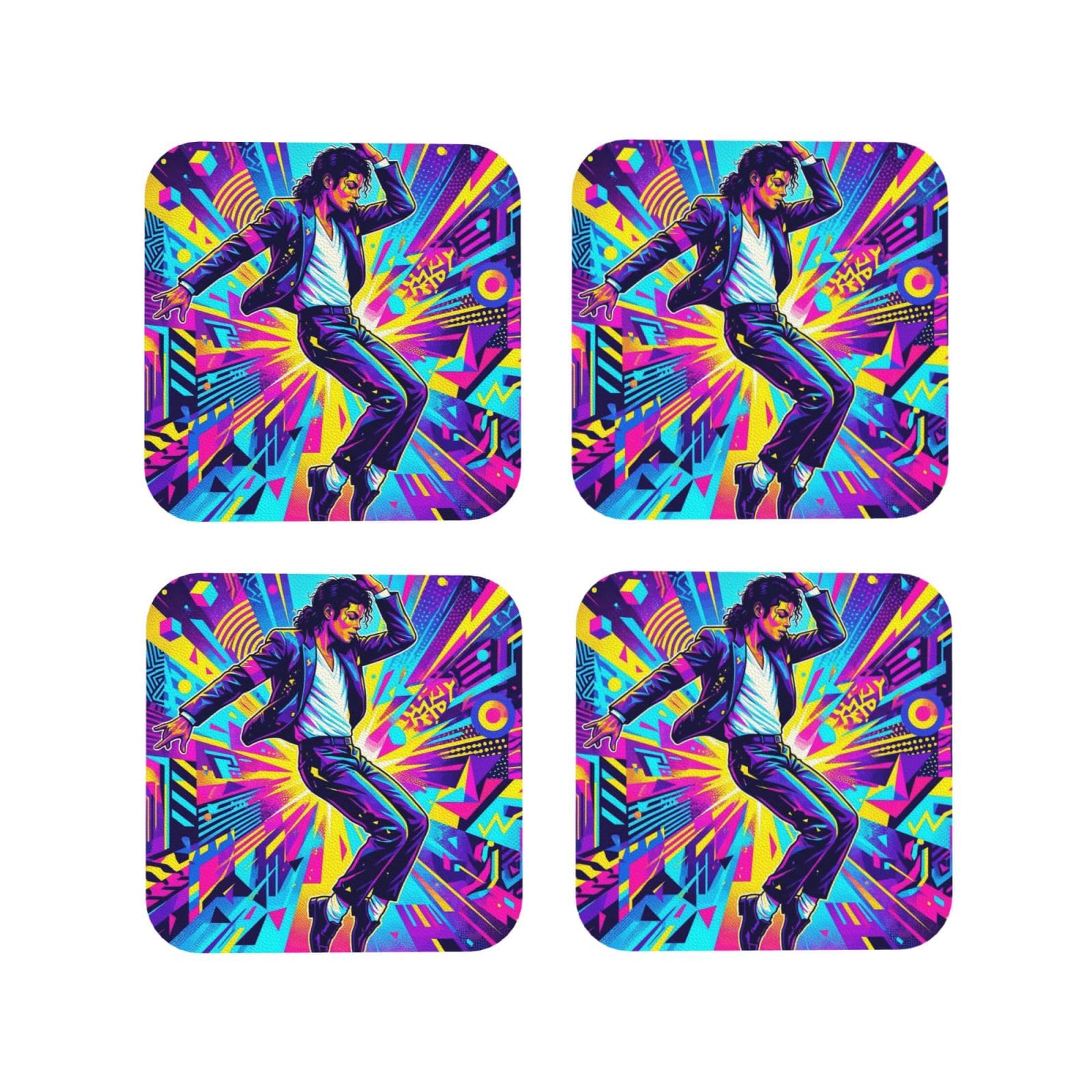 Coasters Set of 4 Round Leather Coaster Quick-Dry Drink Michael Jackson Coasters for Desk Absorbent Mugs Pads Tabletop Protection Pad Heat Resistant Coffee Cup Mat for Kitchen Bar