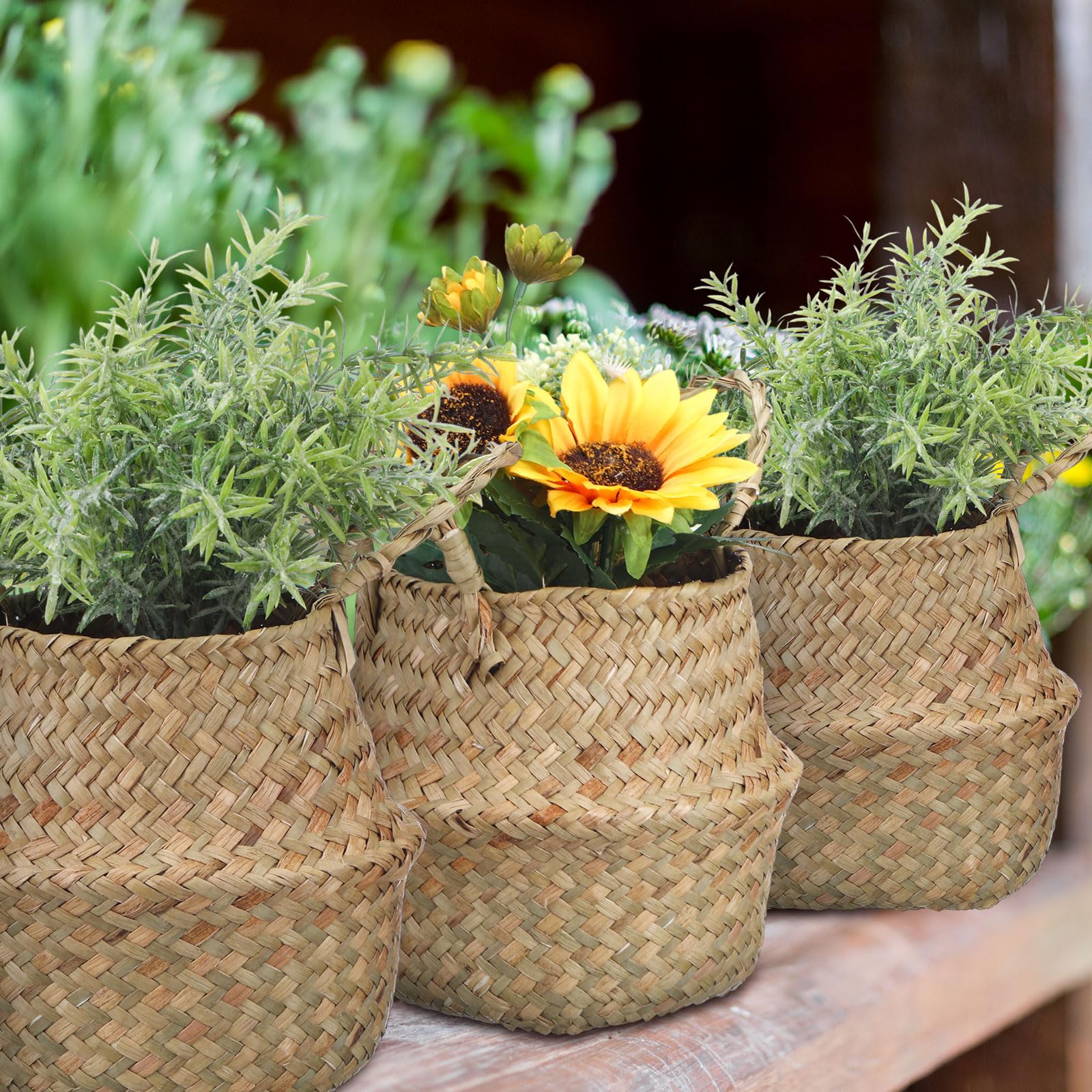 Qunclay 4 cestini in vimini intrecciato, pieghevoli, bohémien, naturali, con manici, rotondi, decorativi, per interni, per casa, esterni, fioriere per alberi (multidimensione)