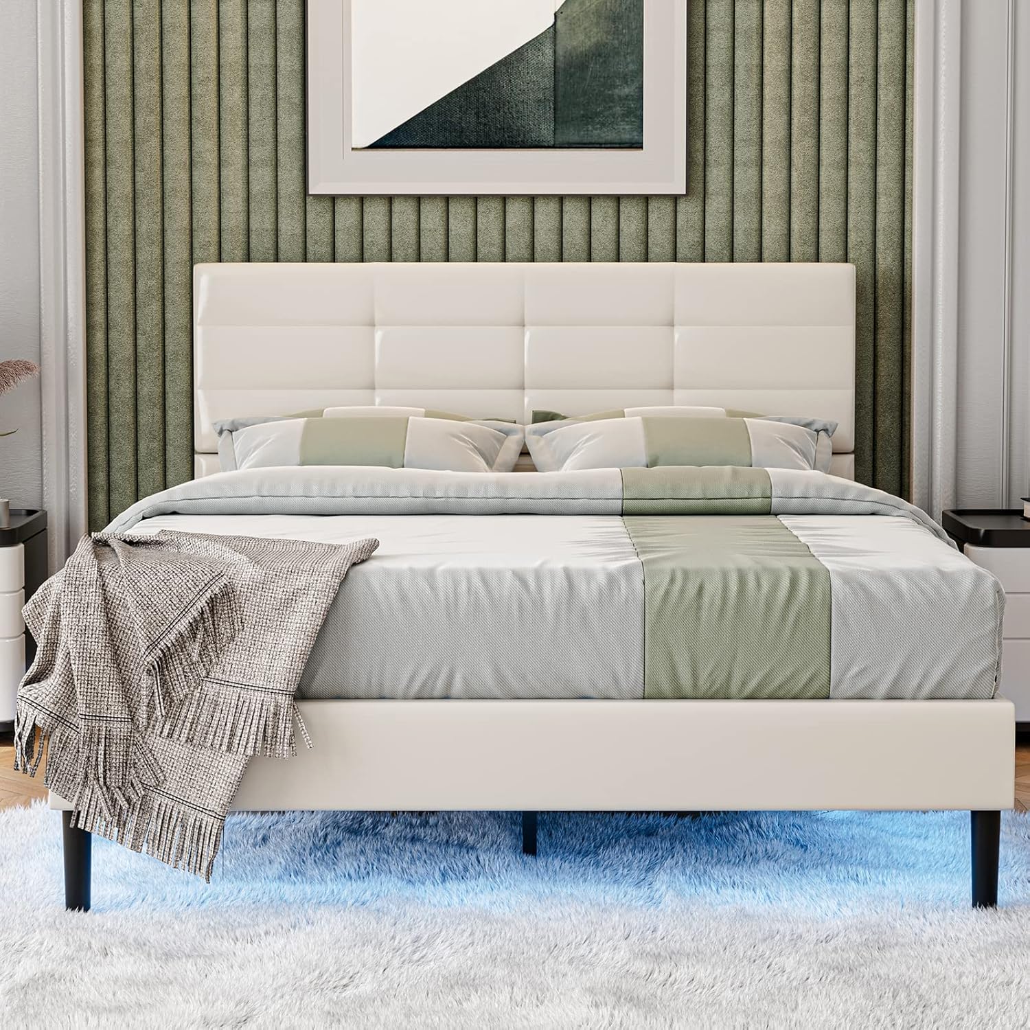 AOVSA Modern LED Bed Frame Full Size, Upholstered Platform Bed Frame with LED Lights