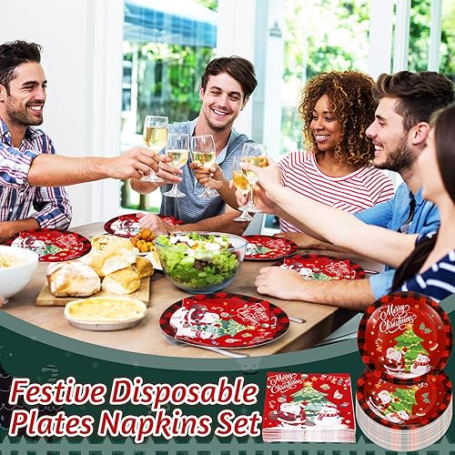 Miniatura 6 de Juego de 100 platos desechables para fiestas de Navidad, juego de vajilla de Navidad para cena, almuerzo, postre, aperitivo, decoración de fiesta de