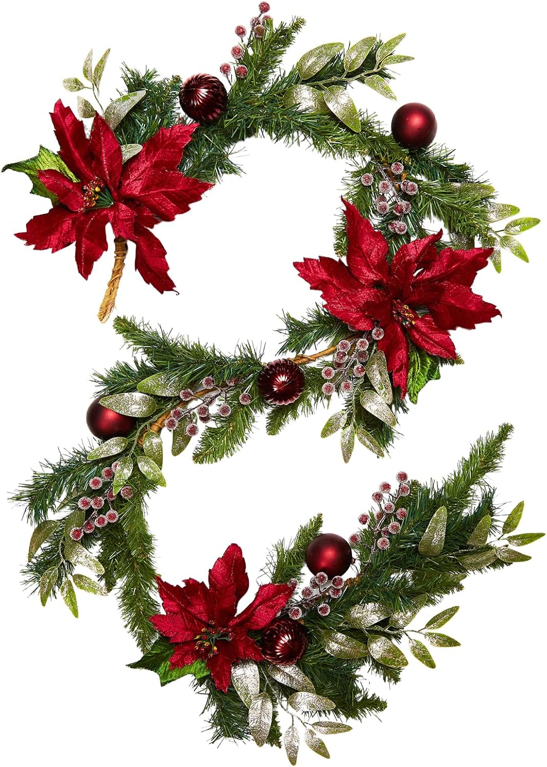 6 Ft Christmas Poinsettia Flower Garland for Door Mantle Fireplace, Winter Xmas Pine Garland with Balls Poinsettias Berries for Indoor Outdoor, Christmas Green Red Garlands for Home Decor