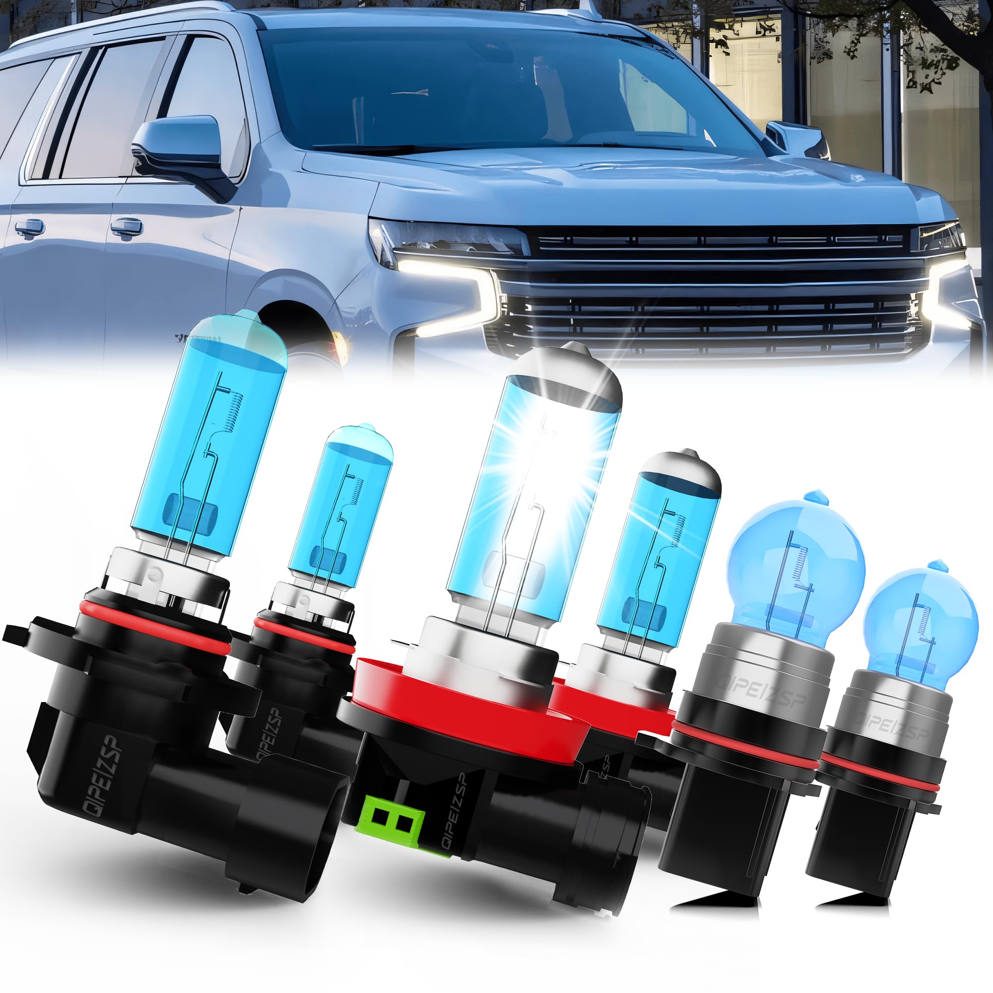 QIPEIZSP Compatible With Chevy Suburban 2015 2016 2017 2018 2019 2020 Lights Headlight Bulbs, 9005/HB3/H10 High Beam + H11/H8/H9 Low Beams + PSX26W Fog Light Bulbs, 6 Pack