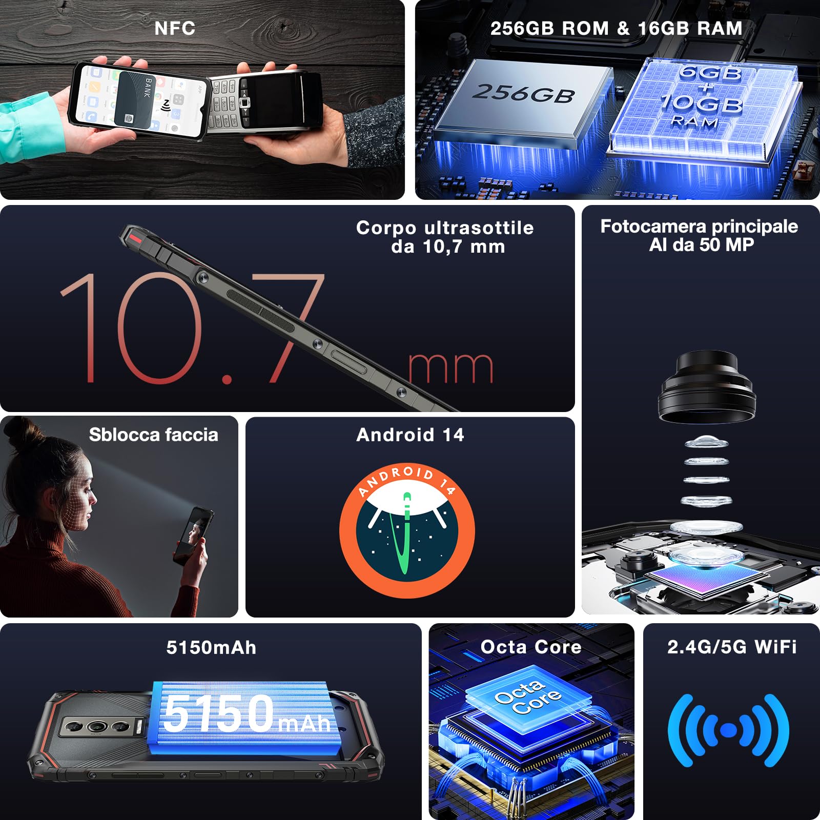 DOOGEE Blade10 PRO Rugged Smartphone, 16 GB RAM + 256 GB ROM TF 2 TB, 6,56" 11 mm Sottile, 5150 mAh, 50 MP+8 MP, Octa-Core Telefono Indistruttibile, Android 14 Cellulari, Face ID/NFC/OTG Nero Argento