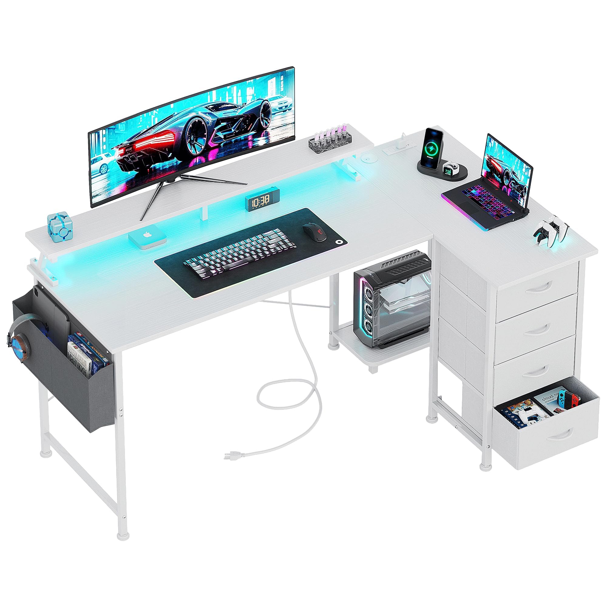 VERMESS Corner Desk with 4 Drawers, L Shaped Computer Desk with LED Lights & Power Outlets, 160x80cm Reversible Home Office Workstation with Monitor Stand, Writing Desk with PC Stand, White