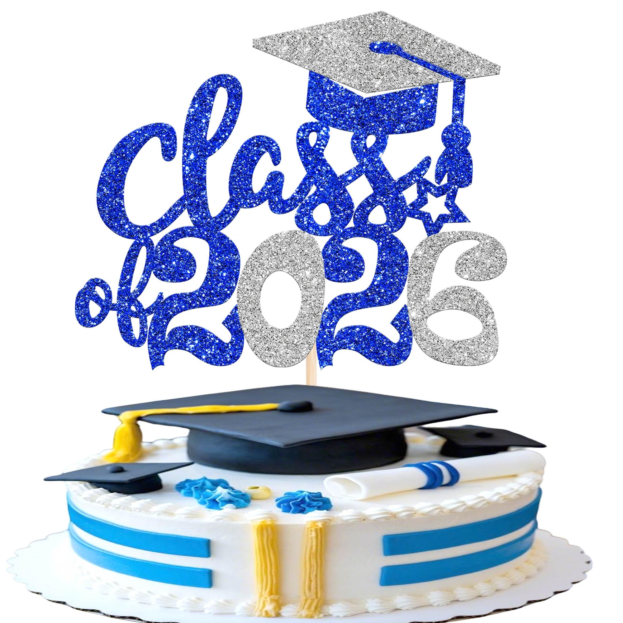 1 Stück Class of 2026 Cake Topper Glitzer Abschluss Kappe Tortendeko Klasse von 2026 Graduierung Kuchen Deko für 2026 Schule Abschluss Party Kuchen Dekoration Blau Silber
