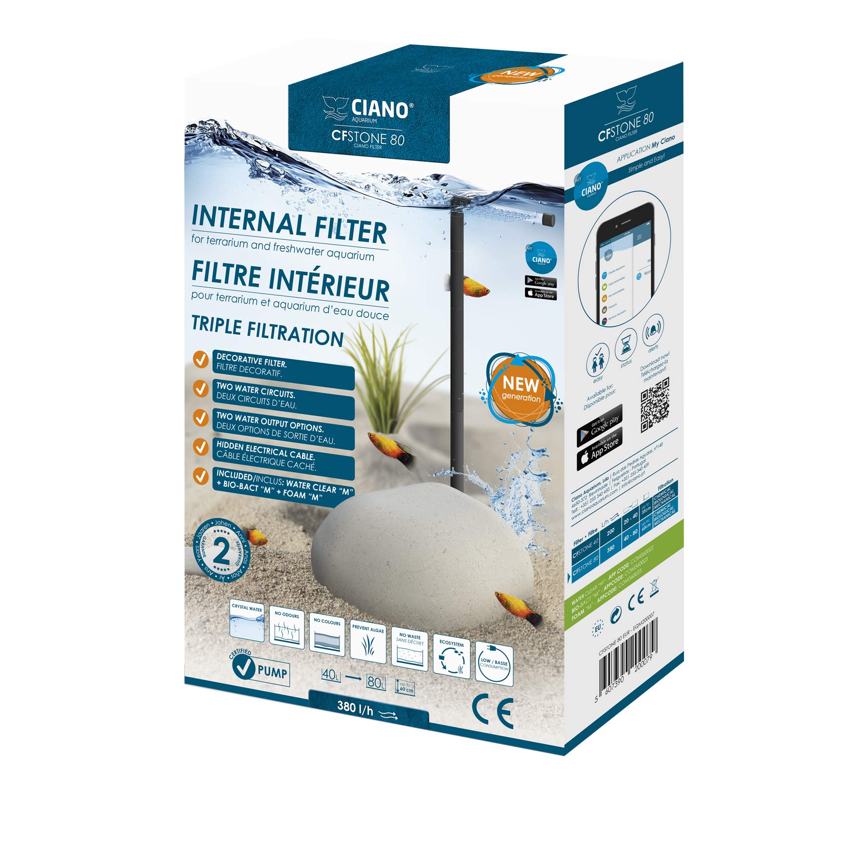 CIANO Aquarium Filtre Immergé CF Stone 40 EUR pour Aquariophilie 1 Unité
