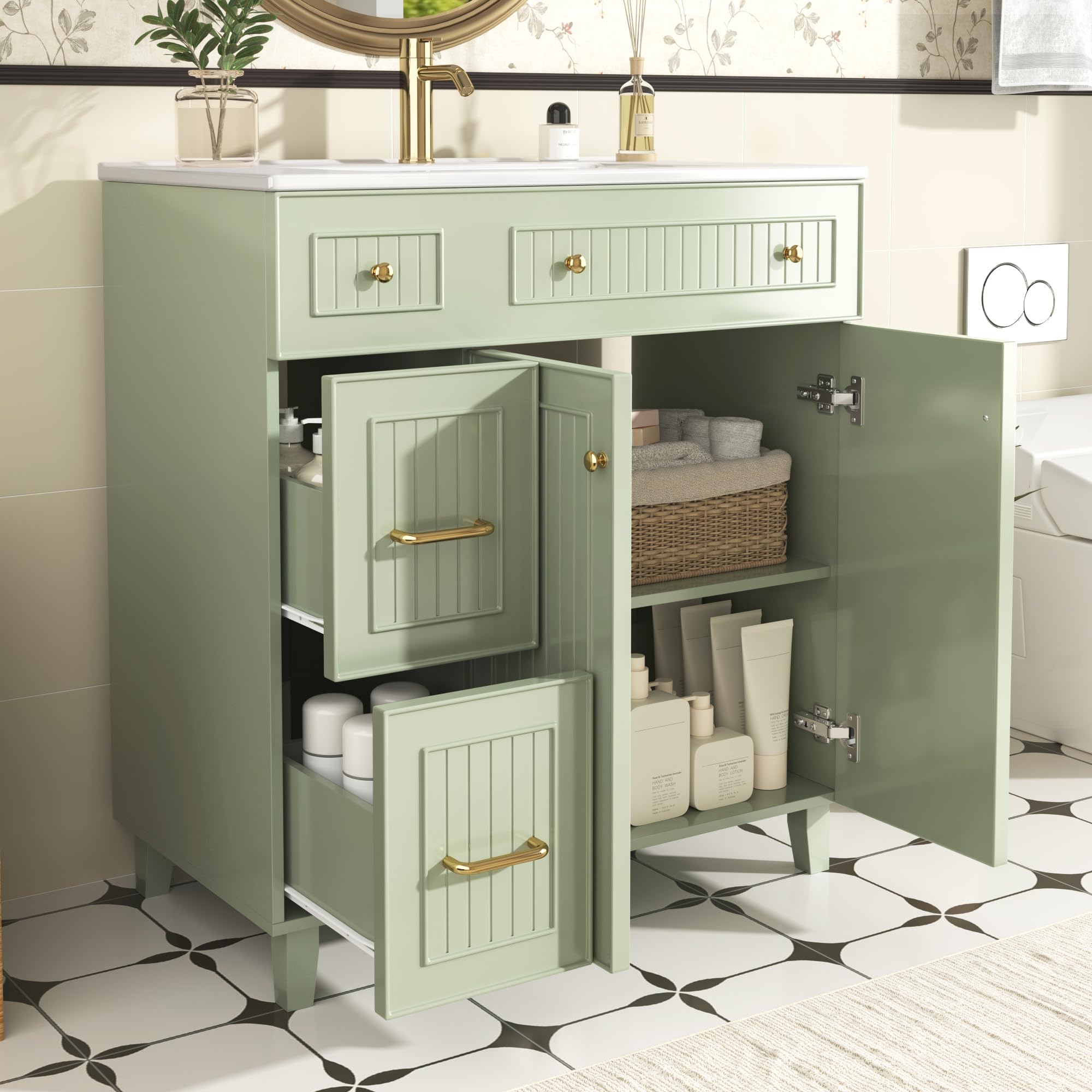 Armario de baño con lavabo, 81,7 cm, armario de baño de pie con tocador de cerámica, superficie lacada, espacio de almacenamiento multifuncional y patas de madera maciza en diseño moderno de