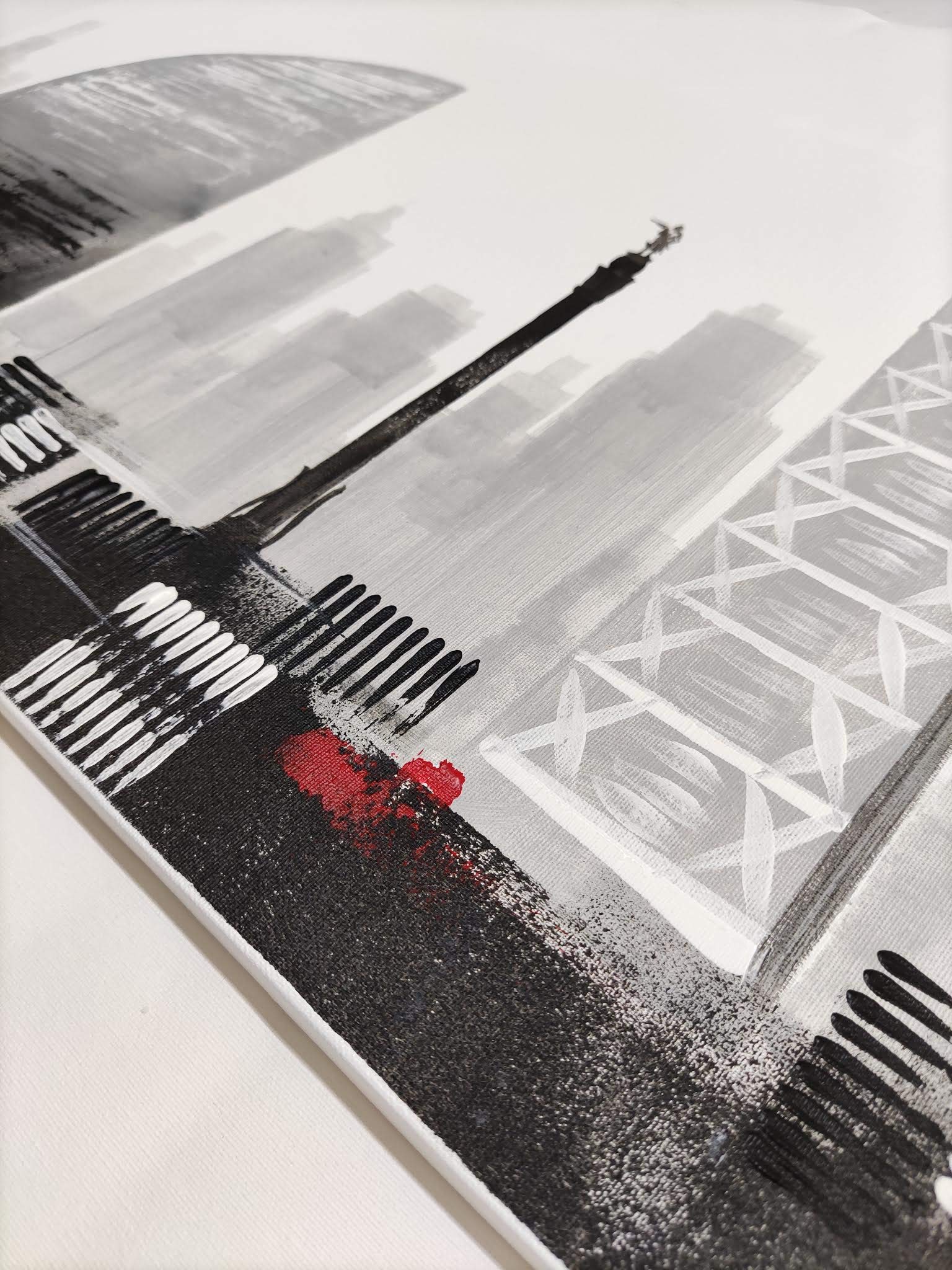 Cuadroexpres - Cuadro Pintado Moderno Ciudad de Barcelona 120x35 cm, Blanco y Negro con Detalles en Rojo. 100% Original, sobre Lienzo. Decoración para Sala de Estar
