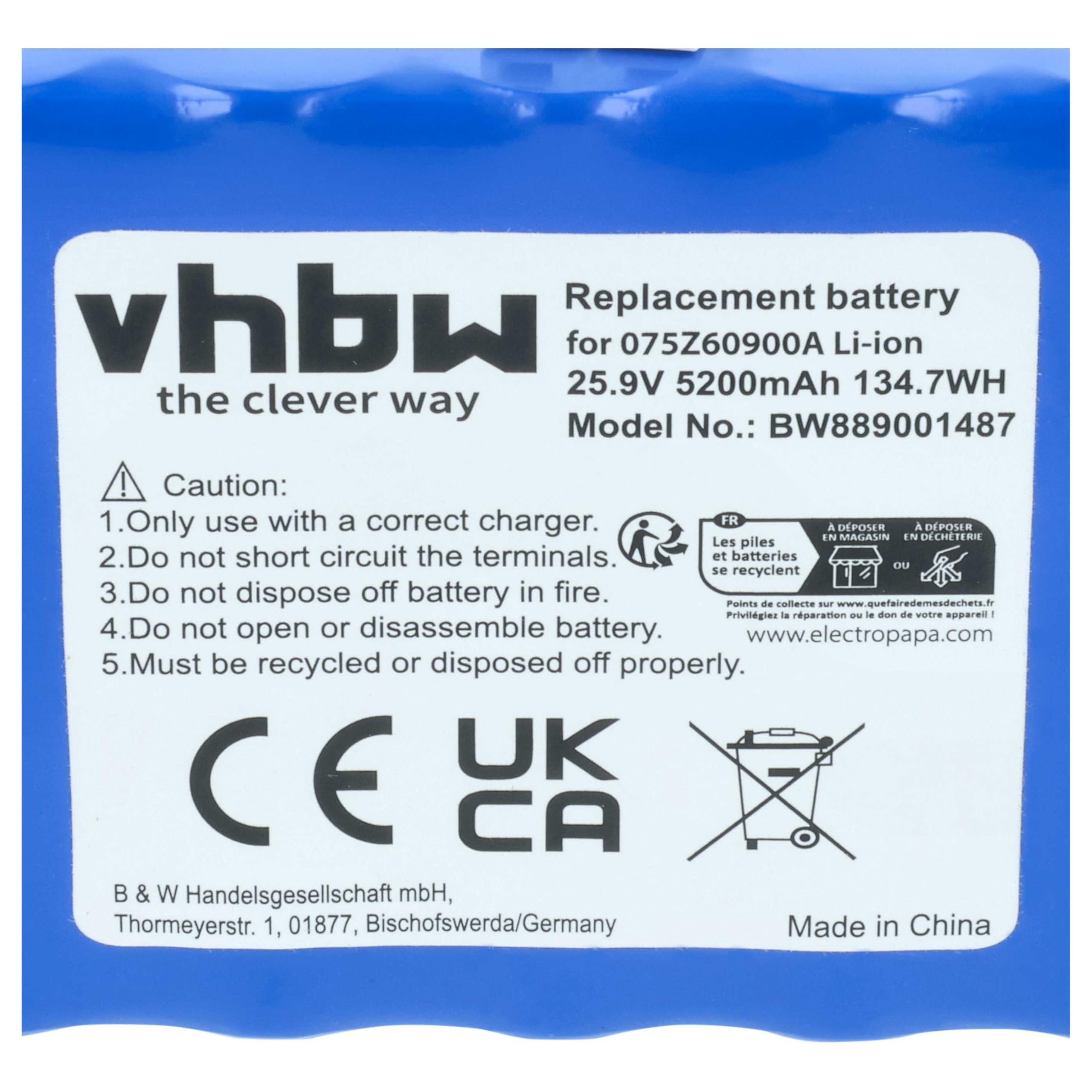 vhbw batteria sostituisce Ambrogio 075Z60900A, 050Z38600A, 050Z36600A per rasaerba 5200mAh, 25,9V, Li-Ion