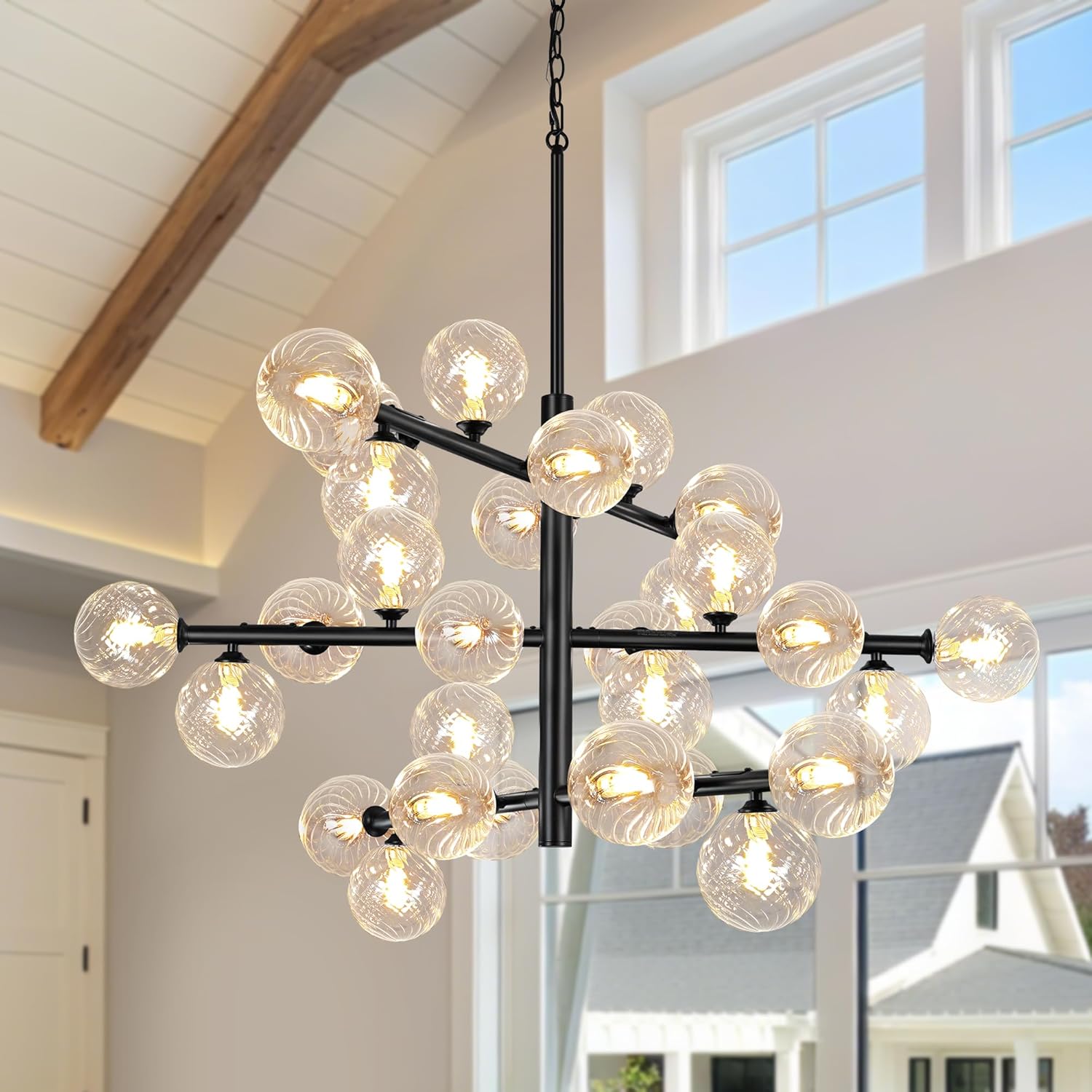 Black Sputnik Chandelier, Foyer Chandelier Oversized Sputnik Chandelier, 30 Lights Clear Swirled Glass Globe Pendant Light Fixture for Dining Room Living Room Entryway Staircase High Ceiling-43"