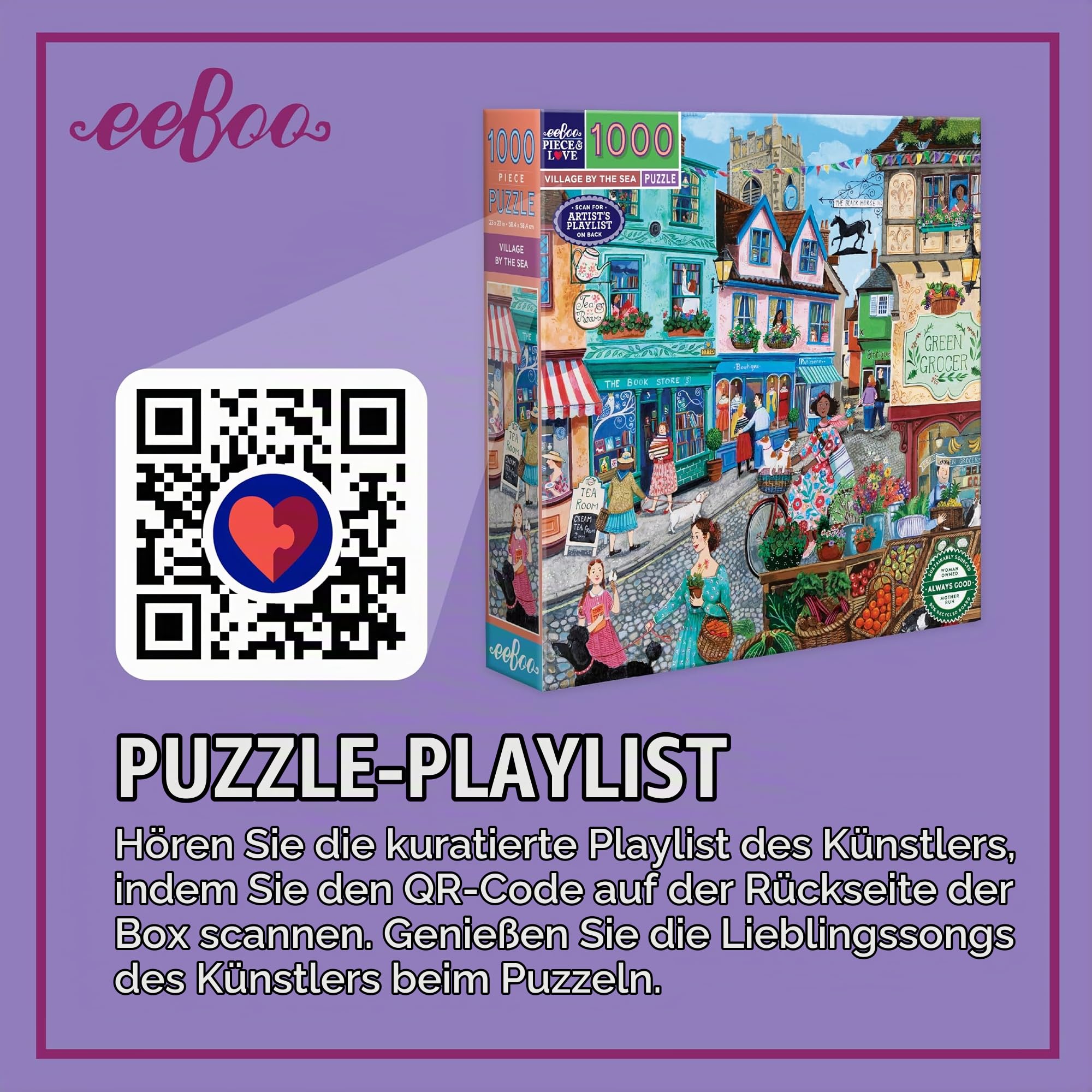 Eeboo Puzzle mit 1000 Teilen Village by The Sea – Puzzle für Erwachsene, 1000 Teile aus Karton – Maße des Puzzles 58,4 cm x 58,4 cm