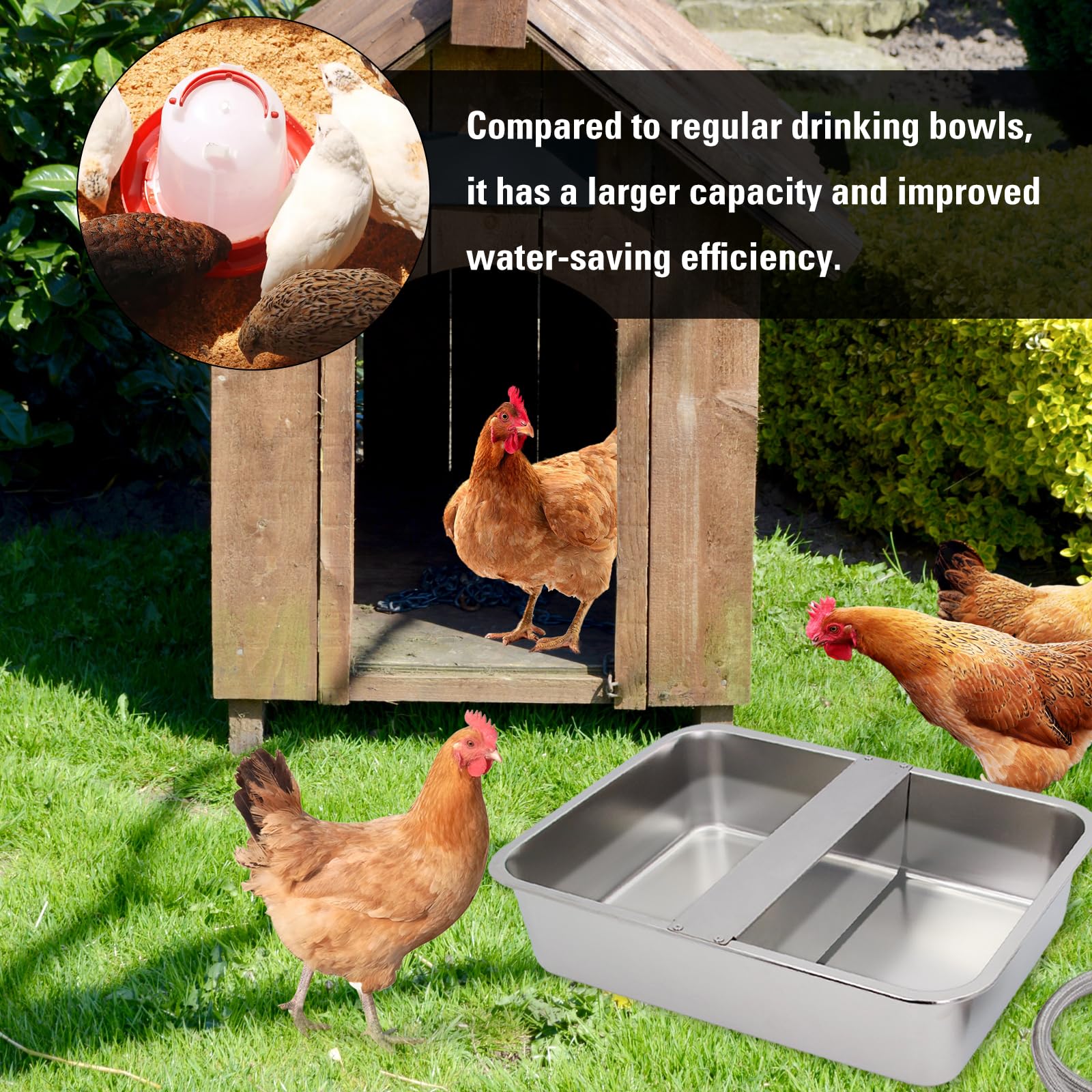 Dispensador automático de cuenco de agua de 4 galones para perros, comedero de agua de acero inoxidable de gran tamaño para aves de corral y ganado para animales al aire libre, incluye manguera de
