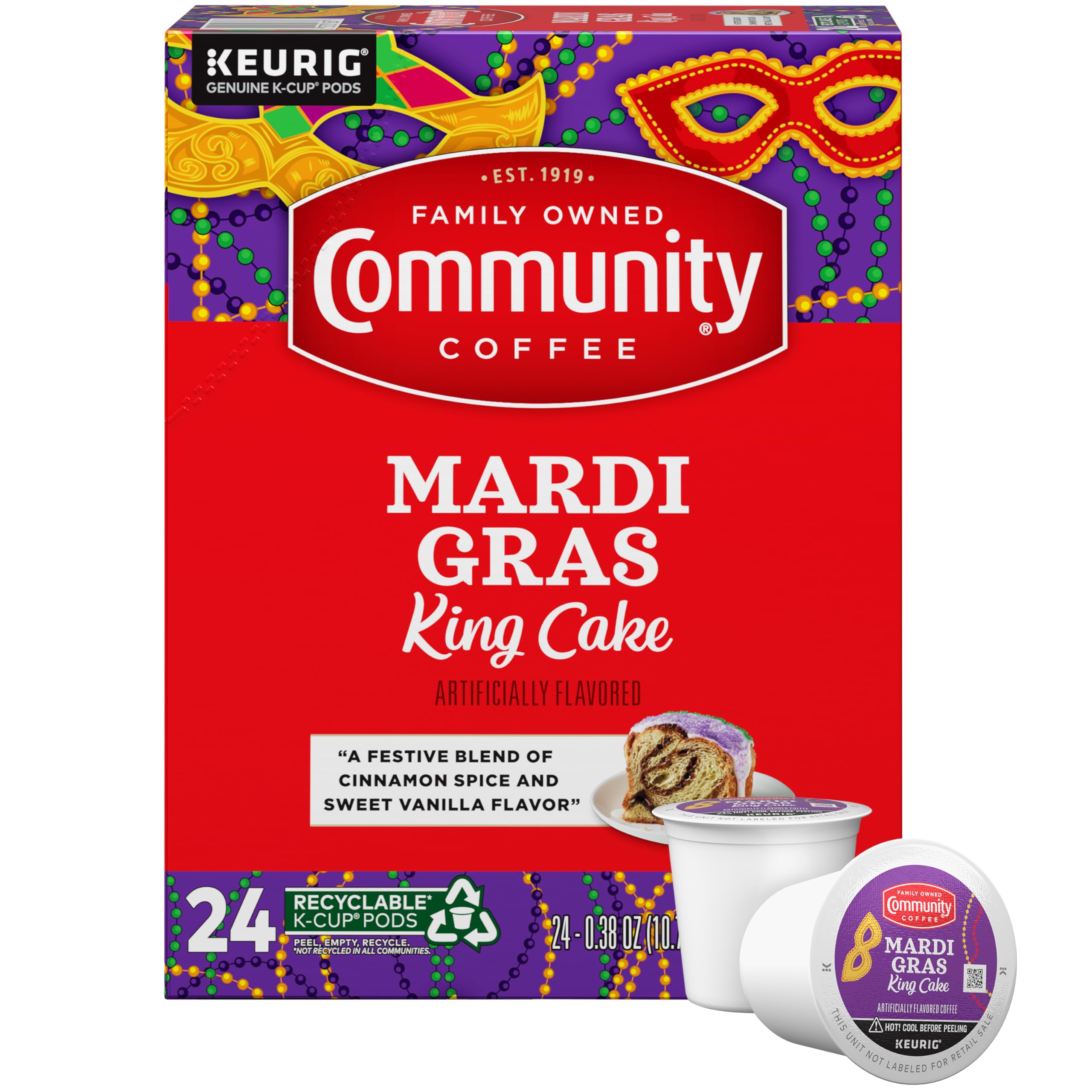Community Coffee Mardi Gras King Cake Flavored 24 Count Coffee Pods, Medium Roast, Compatible with Keurig 2.0 K-Cup Brewers, 24 Count (Pack of 1)
