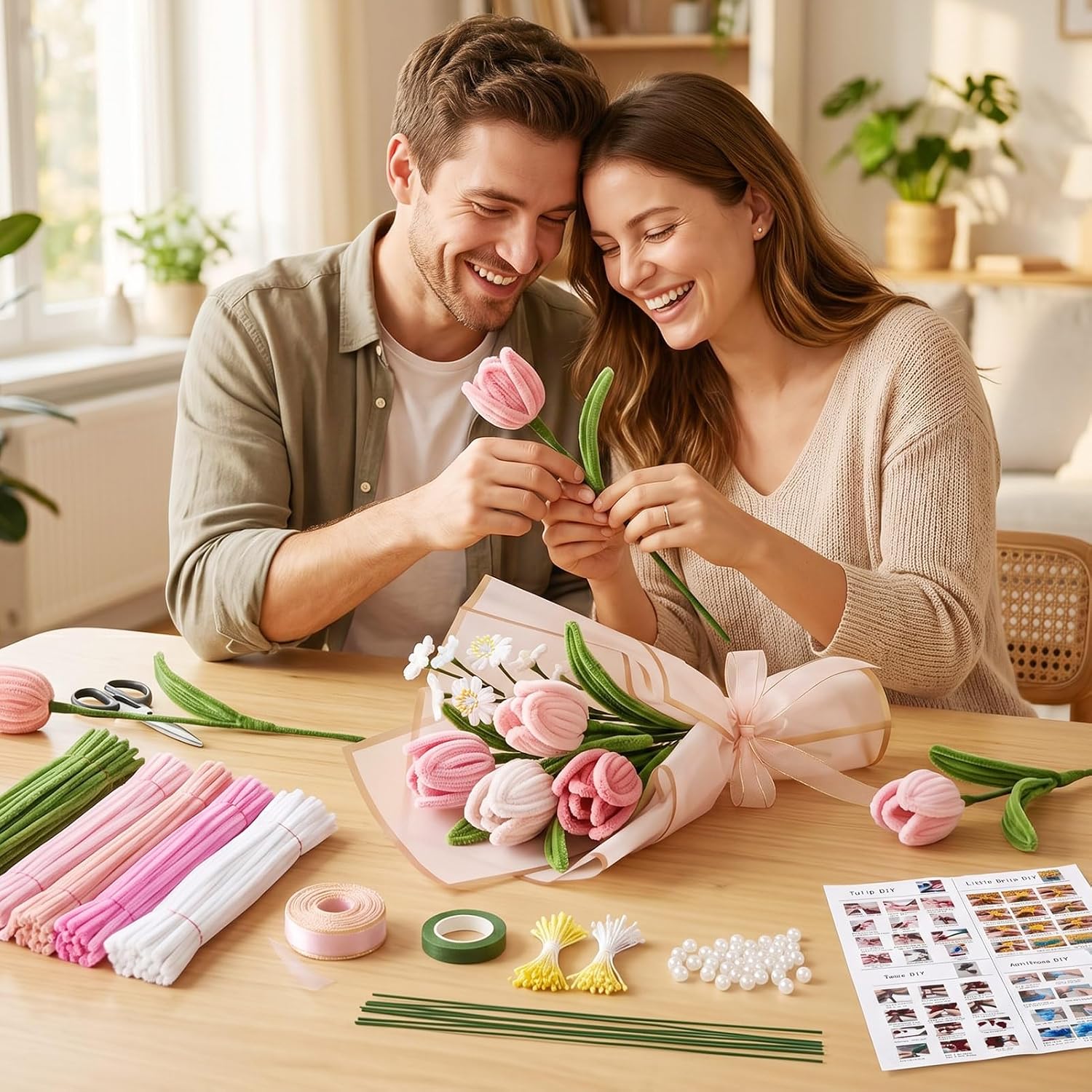 Apparlxer 500Pcs Pipe Cleaner Flower Kit, 5 Colors Chenille Stems Craft Set with Floral Tape, Stamens, Pearls, Ribbon, Gift Wrap, Cards & Instructions for DIY Bouquet Gifts (500 PCS)